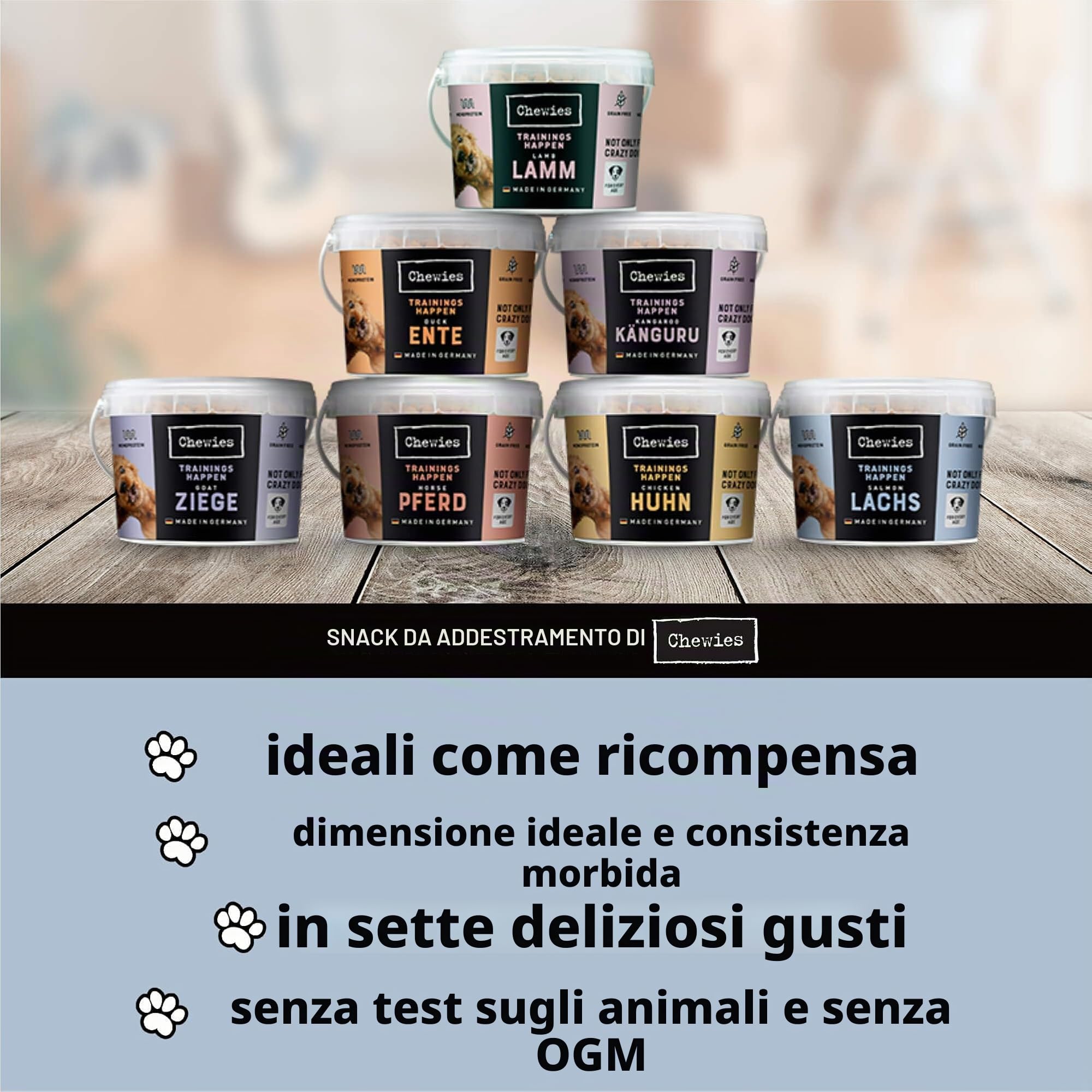 Chewies Proteine per cani salmone, senza cereali, morbide e senza zucchero, in un secchio richiudibile, prodotto in Germania (8 x 300 g)