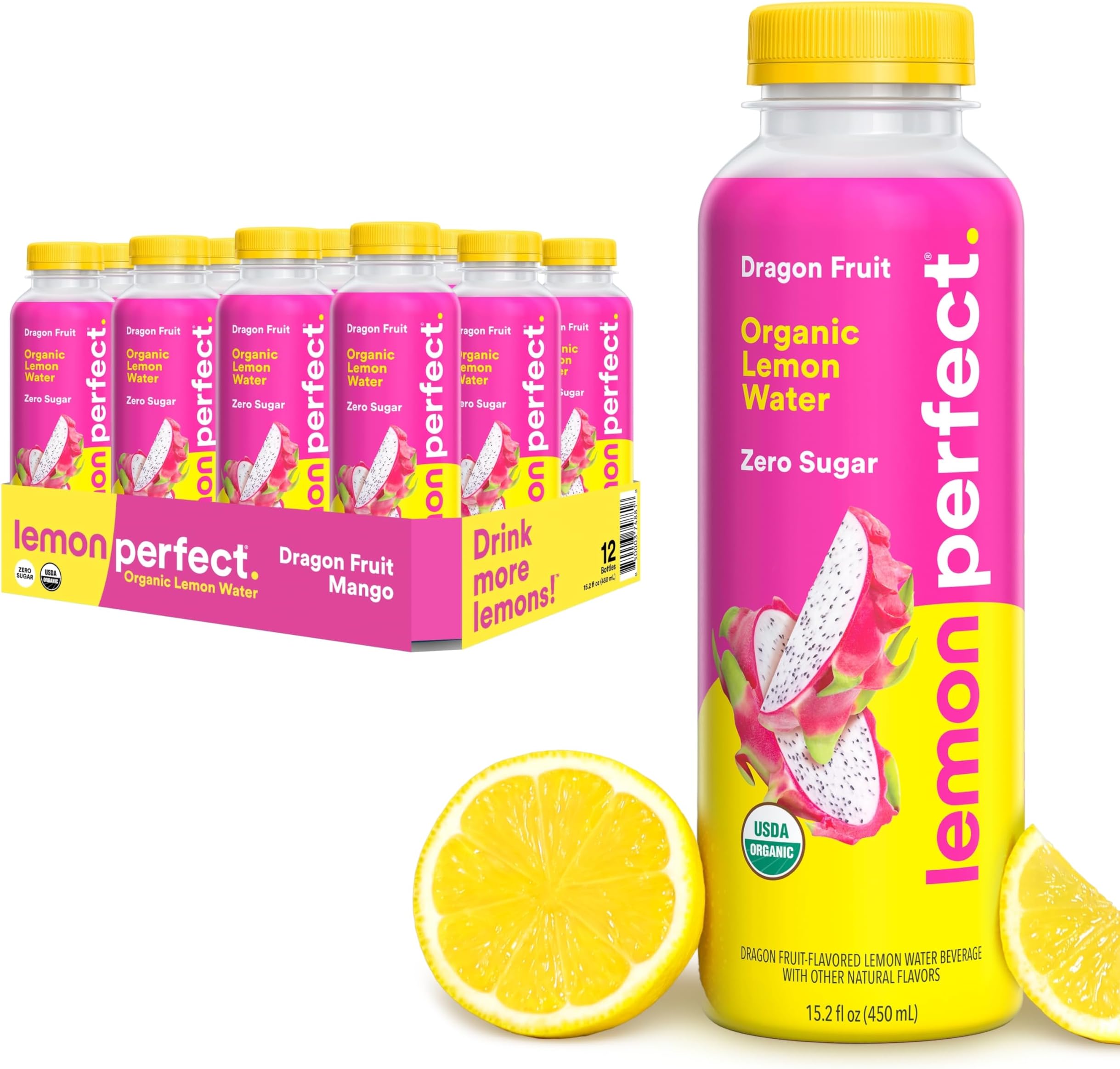 Lemon Perfect Dragon Fruit Mango, Hydrating Flavored Lemon Water, Zero Sugar, Delicious and Refreshing, Organic, 15.2 fl oz Bottle
