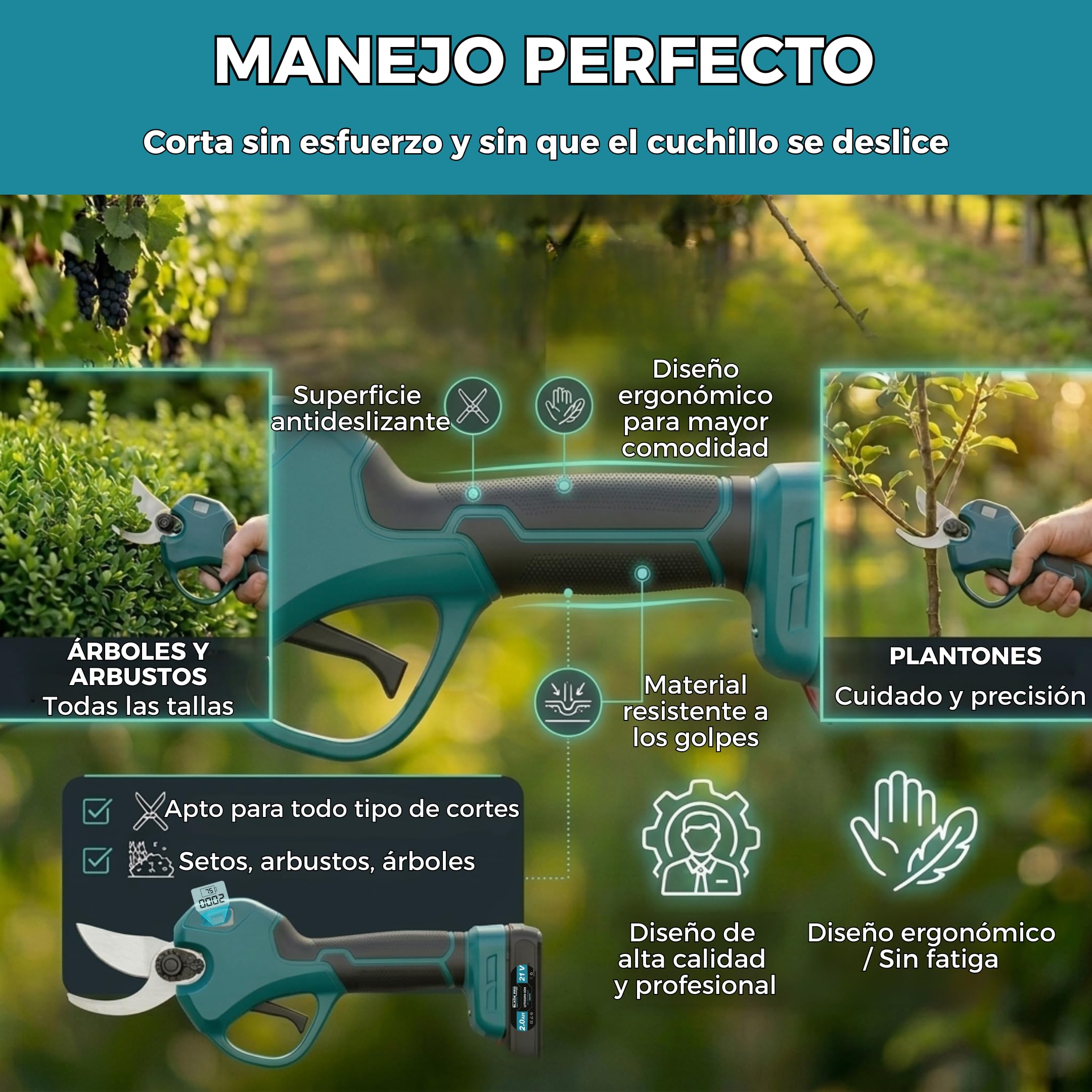 Tijeras de podar eléctricas inalámbricas 800 W – Corte 40 mm – 2 baterías de litio 6000 mAh – Tijeras de podar profesional de jardín – Kit completo (Pack pro)
