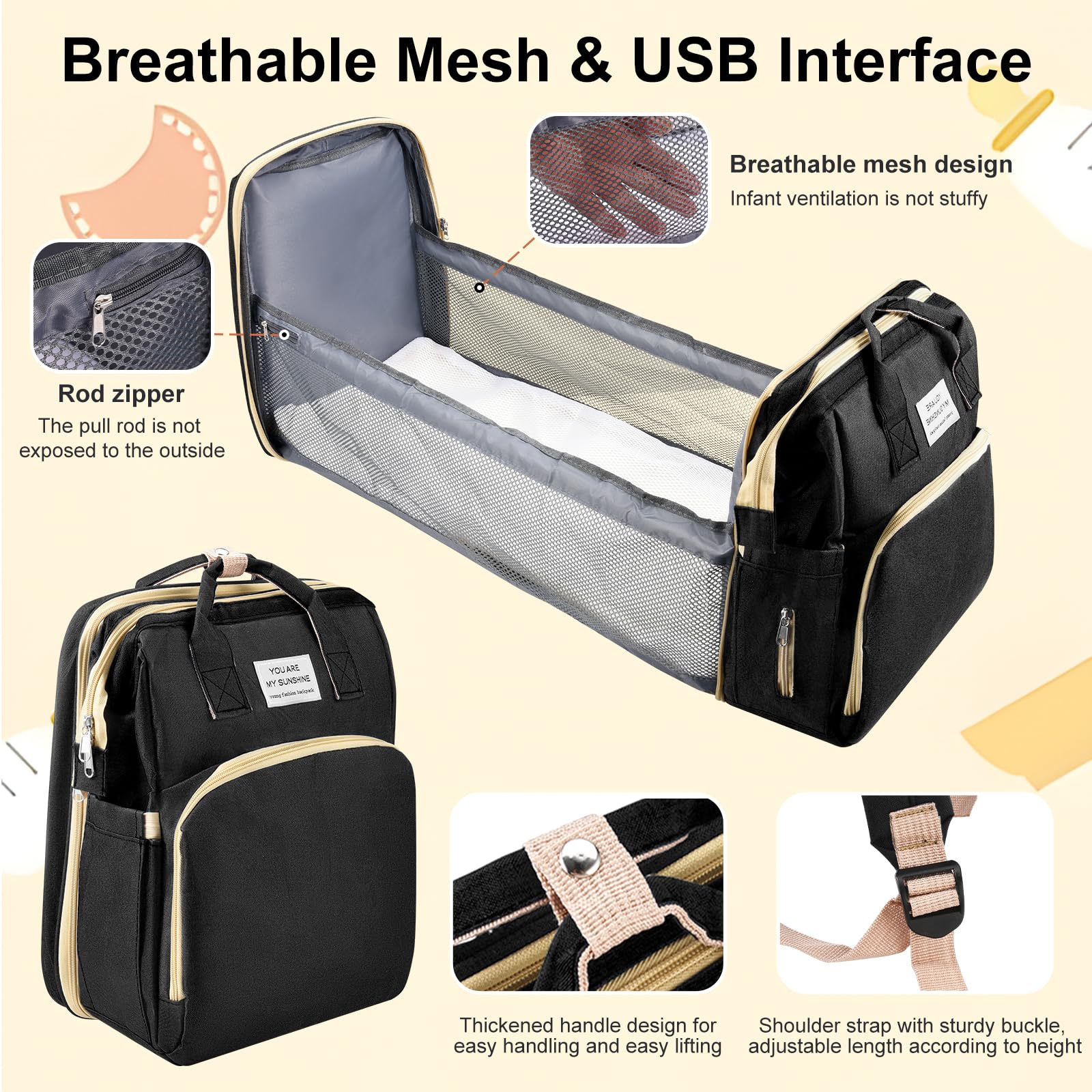 Sac a Langer a Dos avec Sacs à Langer Lit Grande Capacité, Grande Sac à Couches avec Matelas à Langer,sac à Dos pour lit Bébé,sac de Voyage avec Lit Pliable et Pare-Soleil (noir)