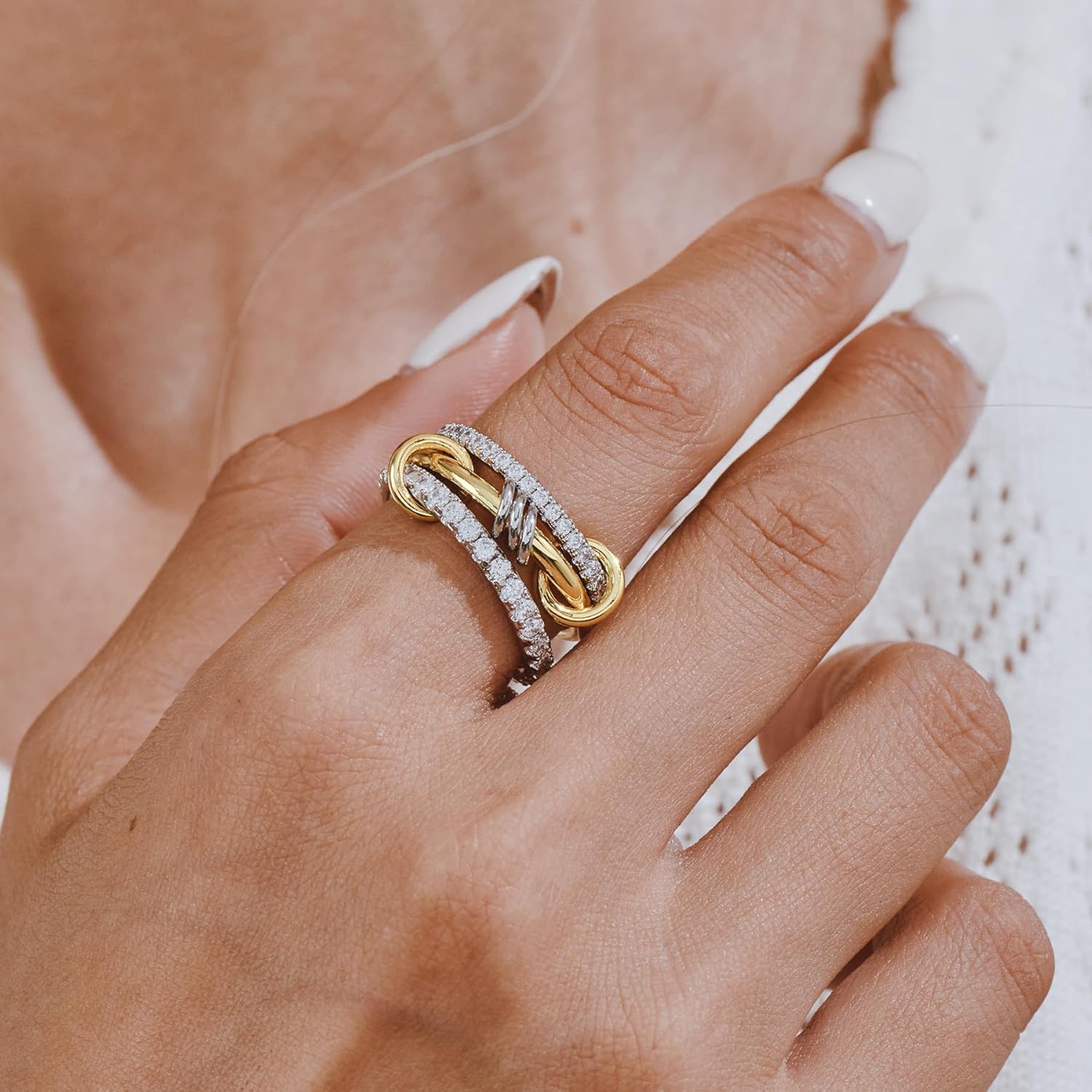 AllenCOCO 14K Gold Plated Stackable Rings, 3 Ring Set with CZ Cubic Zirconia, Gold & Silver Stacked, Interlocking Band for Women Statement - Image 5