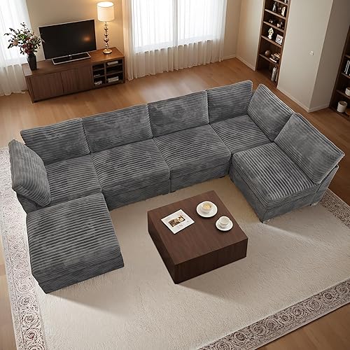 Luxury Modular Sectional Sofa Couch - 130" Oversized U Shaped Cloud Couch for Living Room,Deep Seat Upholstered Convertible Sleeper Sofa Couch with Chaise Ottoman,Plush Corduroy,Grey