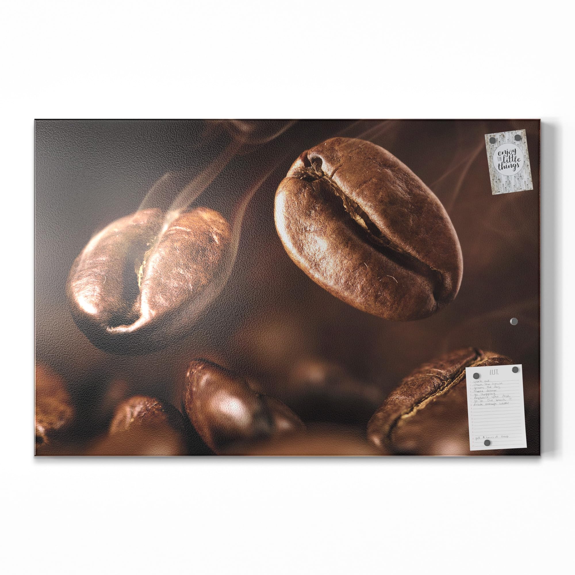 DEQORI Metalowa tablica magnetyczna | wymiary 90 x 60 cm | motyw "Pachnące ziarna kawy" | tablica suchościeralna na wszystkie magnesy | tablica magnetyczna do kuchni i biura | designerska tablica