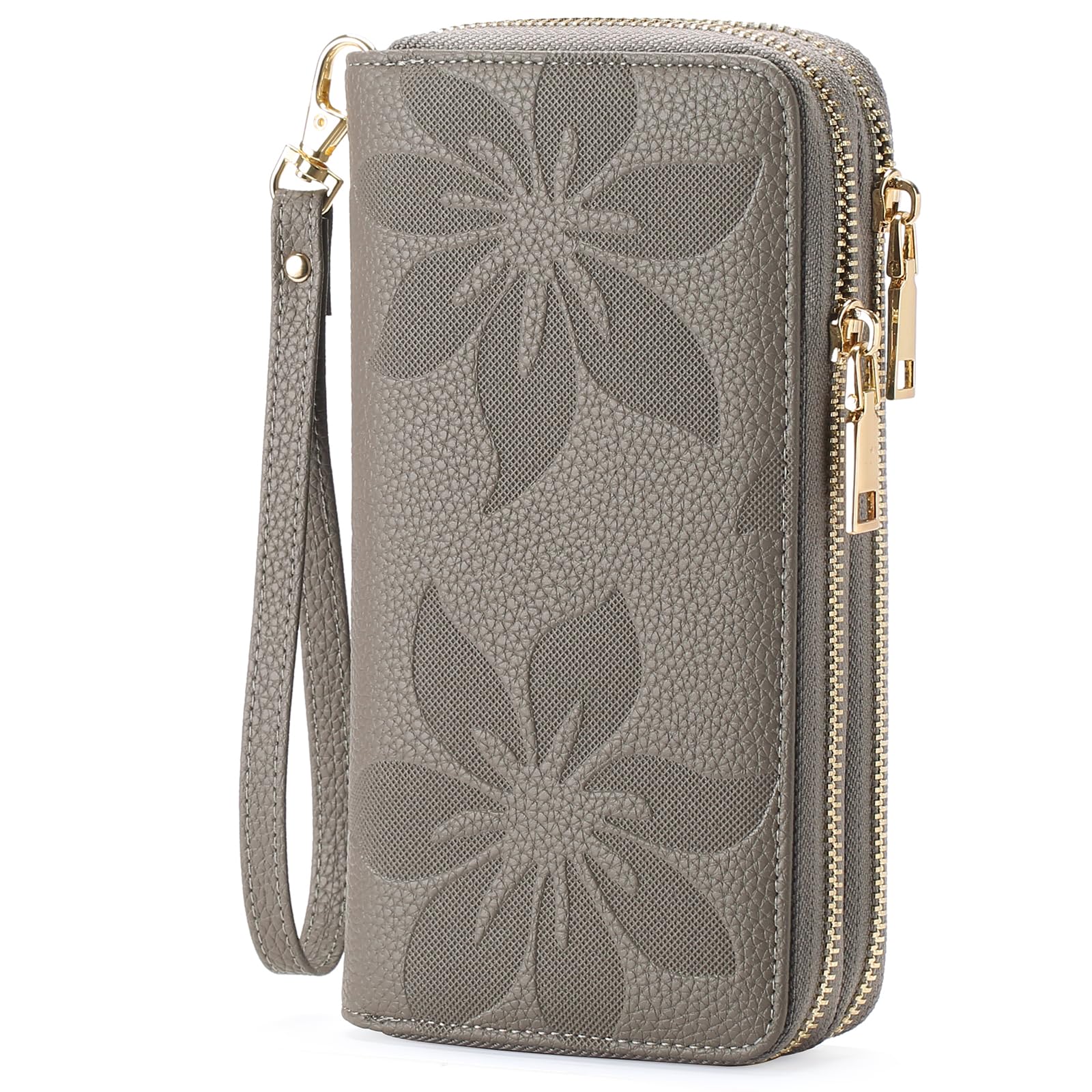 GOIACII Women's Wallet Large Capacity Double Zip Ladies Card Phone Holder RFID Blocking Wristlet Leather