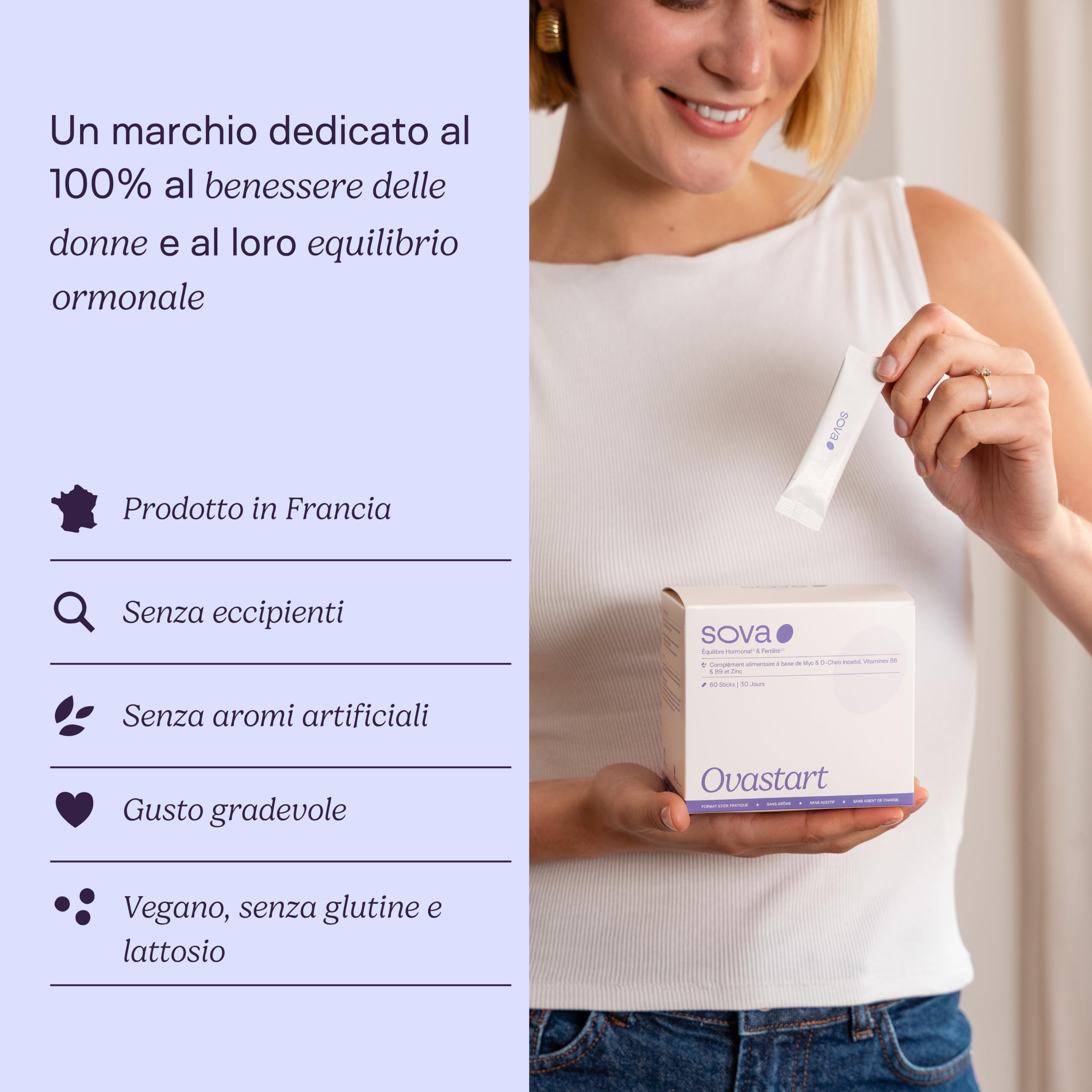 Myo Inositolo e D Chiro Inositolo 4000 mg - PCOS - con Acido Folico (Vitamina B9), Zinco e Vitamina B6 – Integratore Donna per Equilibrio Ormonale Femminile – 60 Bustine – SOVA - Ovastart