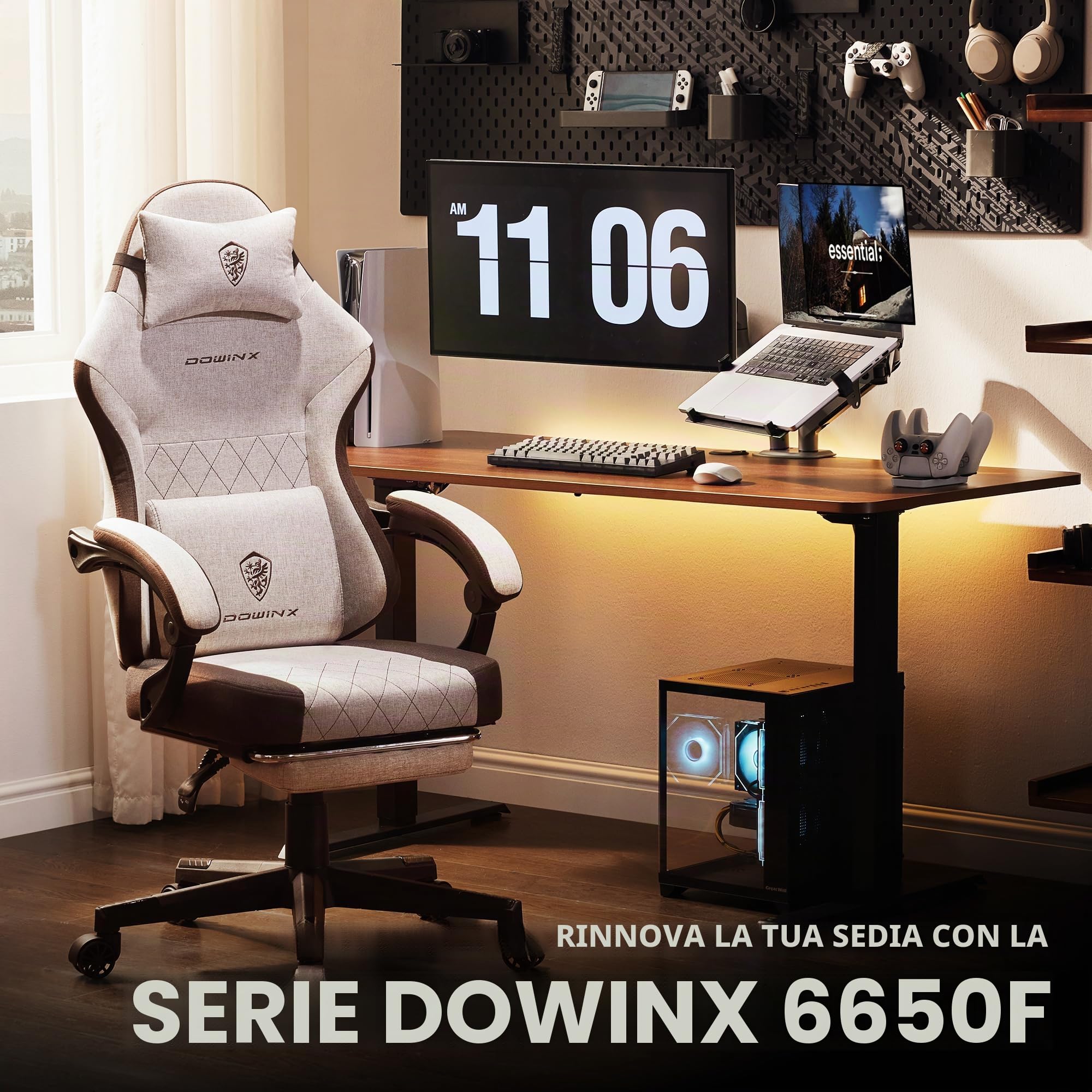 Dowinx Sedia da gioco in tessuto con cuscino a molle, supporto lombare e poggiapiedi, per adulti, sedia da gioco ergonomica, grande e alta, per giochi in ufficio, 135 kg, marrone
