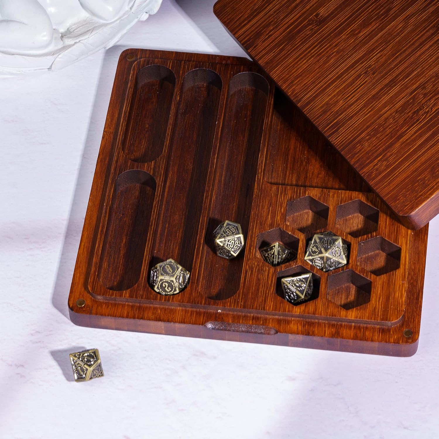 UDIXI 2 in 1 DND Dice Box, Bamboo Storage Box with Magnetic Lid & D&D Dice Holder Case, Dice Rolling Tray Combined into One for RPG, Tabletop Games | Holds 6 Sets of Polyhedral Dice