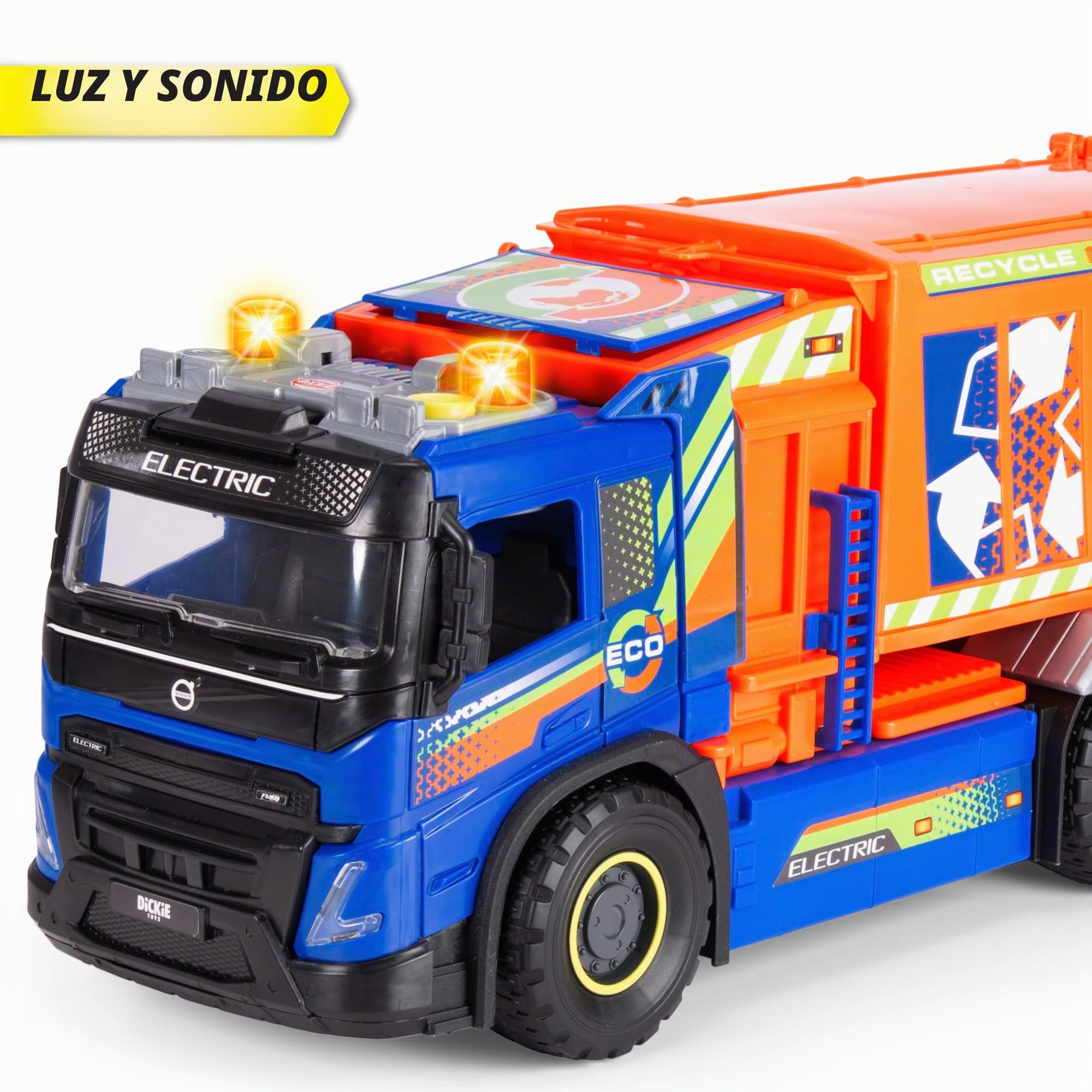 Dickie Camion de Reciclaje Urbano Volvo FMX Gigante 56 cm, luz, Sonido, elevación Manual del contenedor de Basura, Piezas moviles,Almacenamiento, Remolque con Tapa, portón abatible.+3 años(203749037)