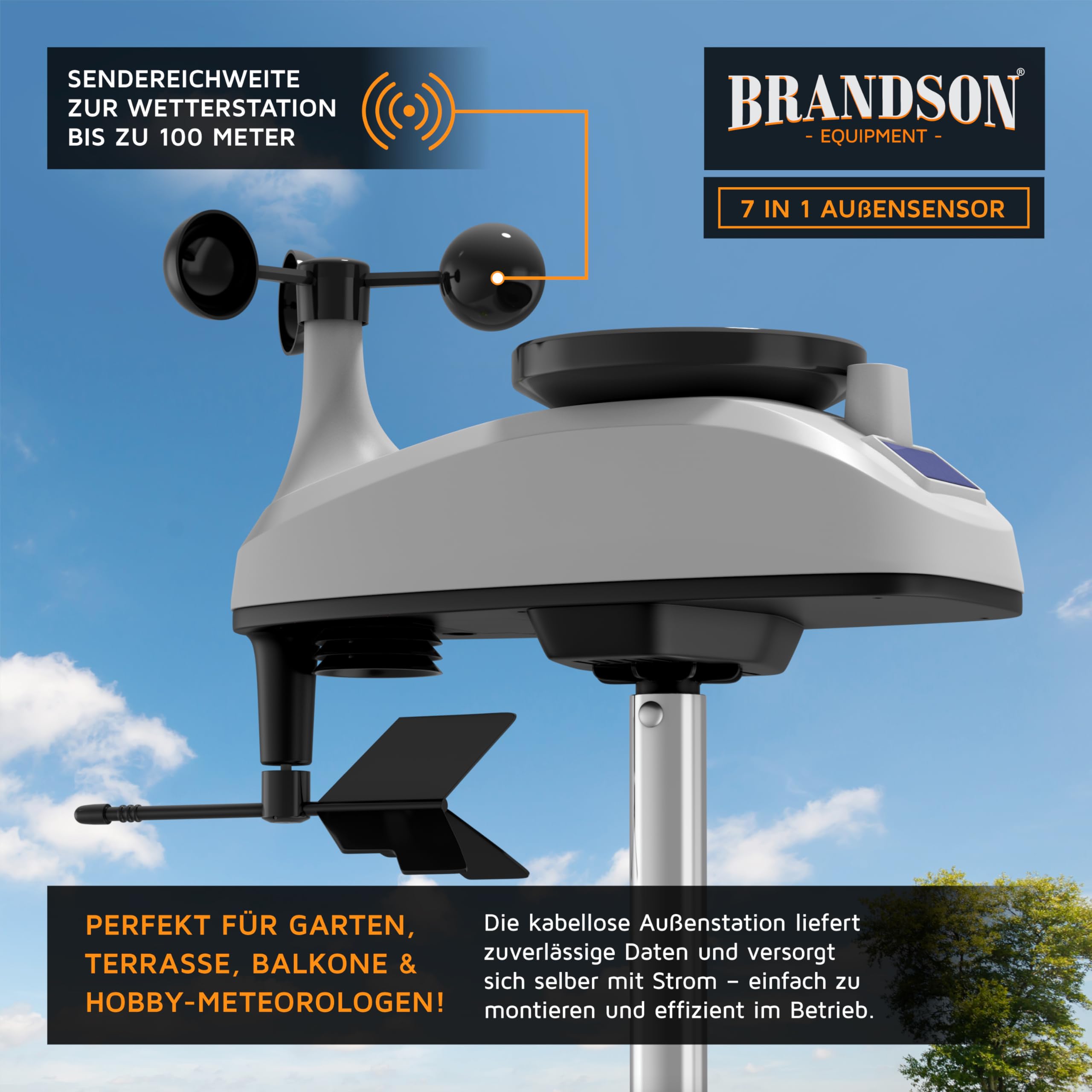 Brandson – Wlan Wetterstation mit TFT Farbdisplay – 7 in 1 Funk Außensensor – mit Tuya Smart App – Trend-Diagramme – Windgeschwindigkeit Windrichtung Regenmesser Temperatur Luftfeuchtigkeit Niederschl