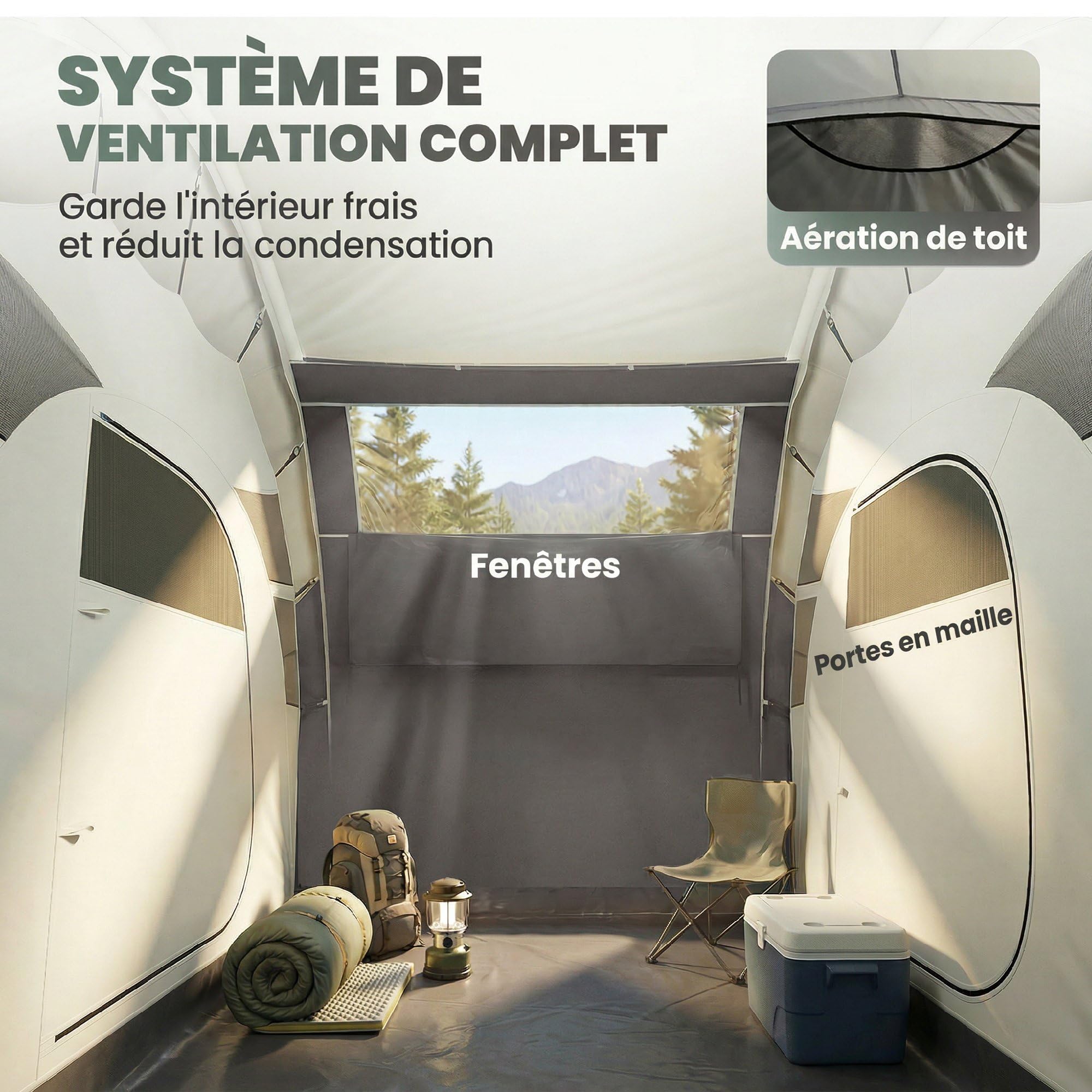 Outsunny Tente de Camping Gonflable 2-4 Personnes avec Pompe, 2 Chambres et Séjour - Tente Tunnel Familiale Imperméable 3000mm - 4,85m avec Valve de Décharge et Auvent, pour Camping, Gris