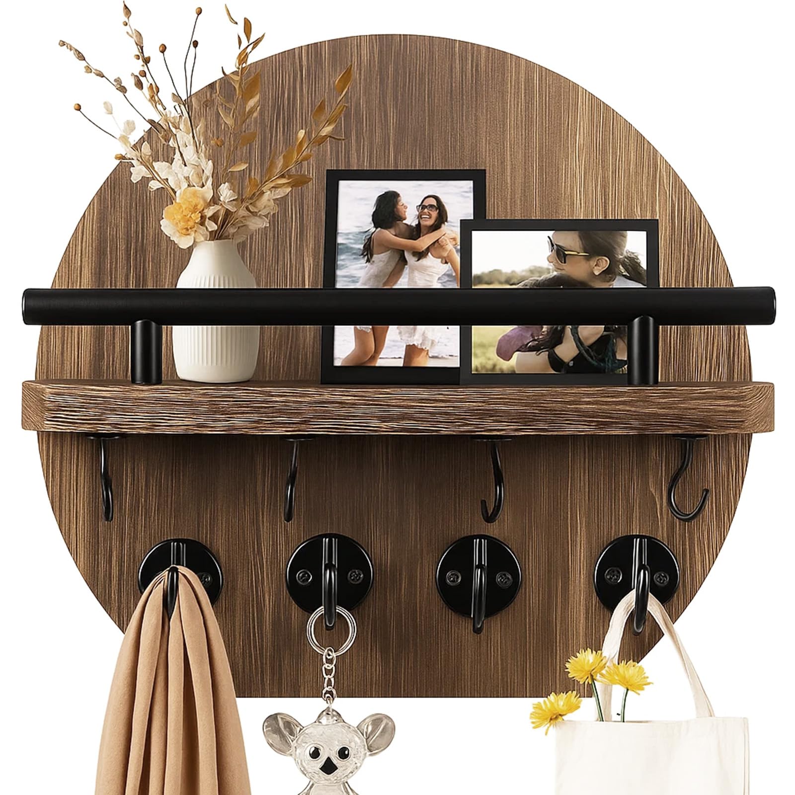 GreenWhim Circular Wooden Key Holder for Wall with Shelf, Rustic Wall Mounted Key Rack with 8 Hooks Entryway Mail Organiser Key Hanger for Hallway, Kitchen, Office (Brown, 9.8 inch)