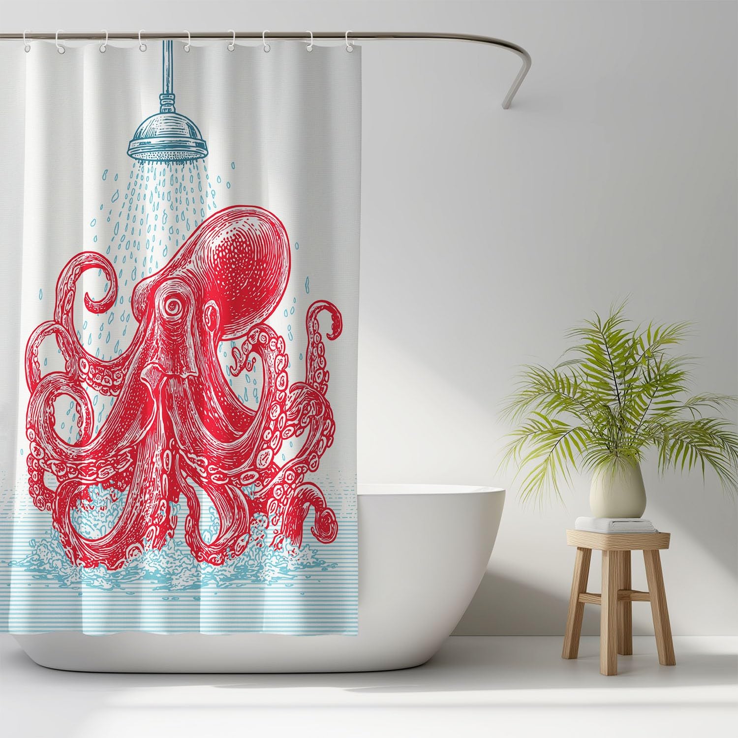 Generico Fantasia Tenda Da Doccia Minimalista Bagno Polpo Blu Rosso, Tenda Da Doccia Per Bagno, Vasca Da Bagno, Tenda In Poliestere Impermeabile Con Ganci In Plastica, 200 x 200 cm