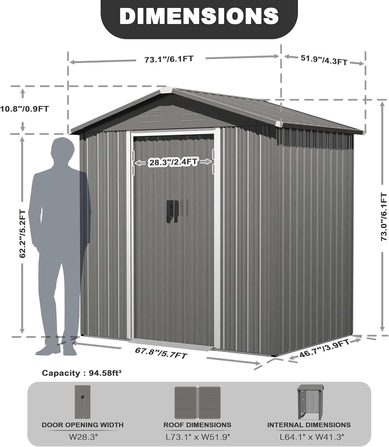 Diagram showing the dimensions of the NUU GARDEN Outdoor Storage Shed.
