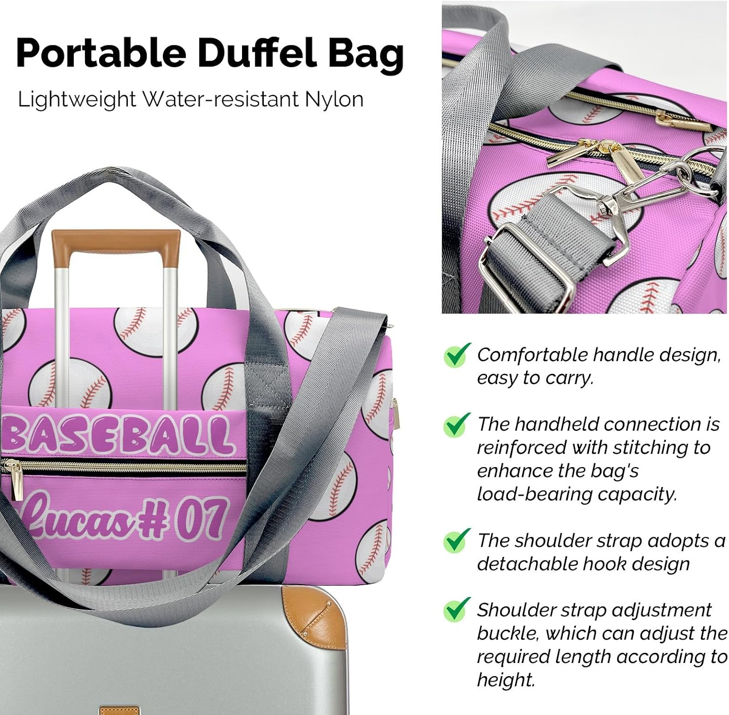 Pink Baseball Waterproof Duffel Bag Gym Dance Sport Perform Training Travel Bag for Teens Adults Women Men