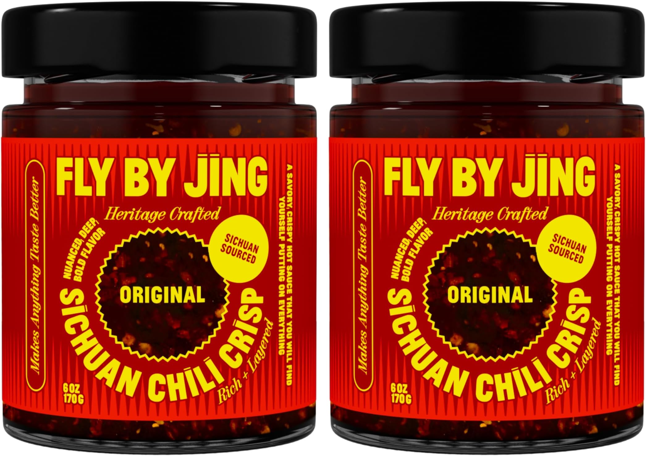 FLYBYJING Original Sichuan Chili Crisp: Premium Chili Oil w/Crunchy Garlic and Shallots - Spicy, Savory, Vegan, Sugar Free Hot Sauce - Good on Noodles, Proteins, Veggies & Everything, 6oz (Pack of 2)
