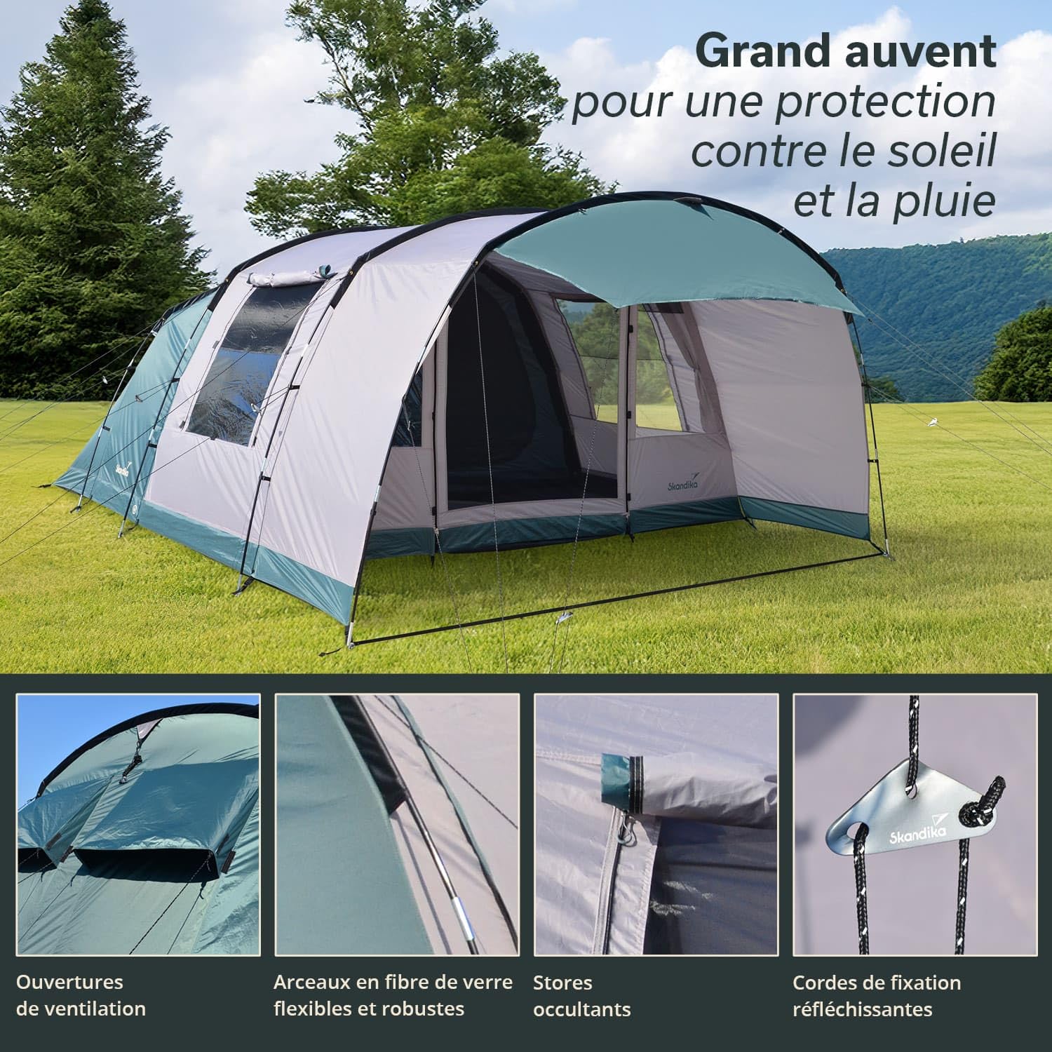 Skandika Hafslo Sleeper Protect | Tente Tunnel de Camping 4/5 Personnes, imperméable, Sol Cousu, Colonne d'eau de 5000 mm, auvent et Cabine de Couchage Sombre | Tente familiale