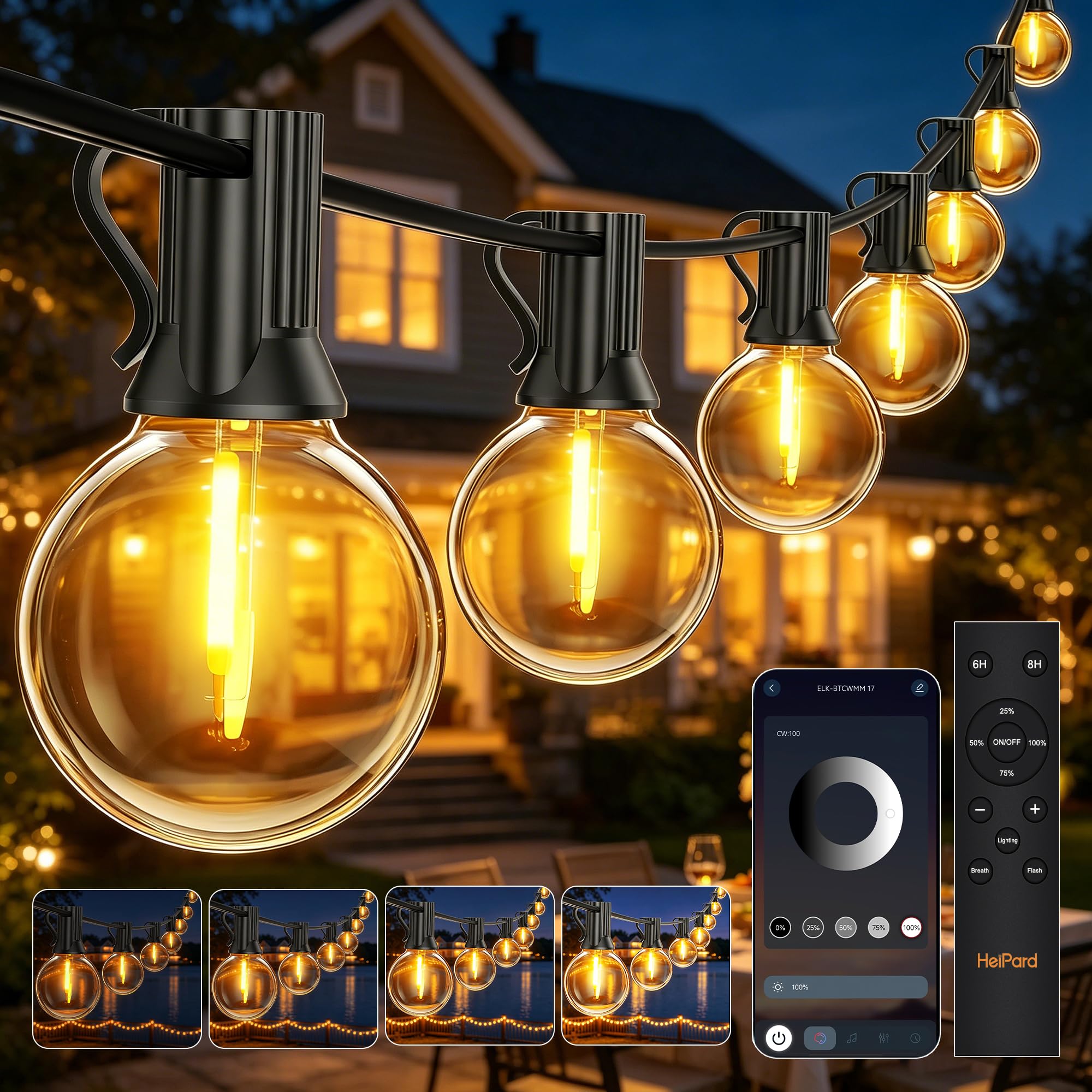 HeiPard Lichterkette Außen Strom Outdoor 30M mit 42+2 G40 LED Glühbirnen | App Steuerung & Fernbedienung, Musik-Sync, Dimmbar, Timer, IP44 Wetterfest für Garten, Balkon, Pavillon, Party
