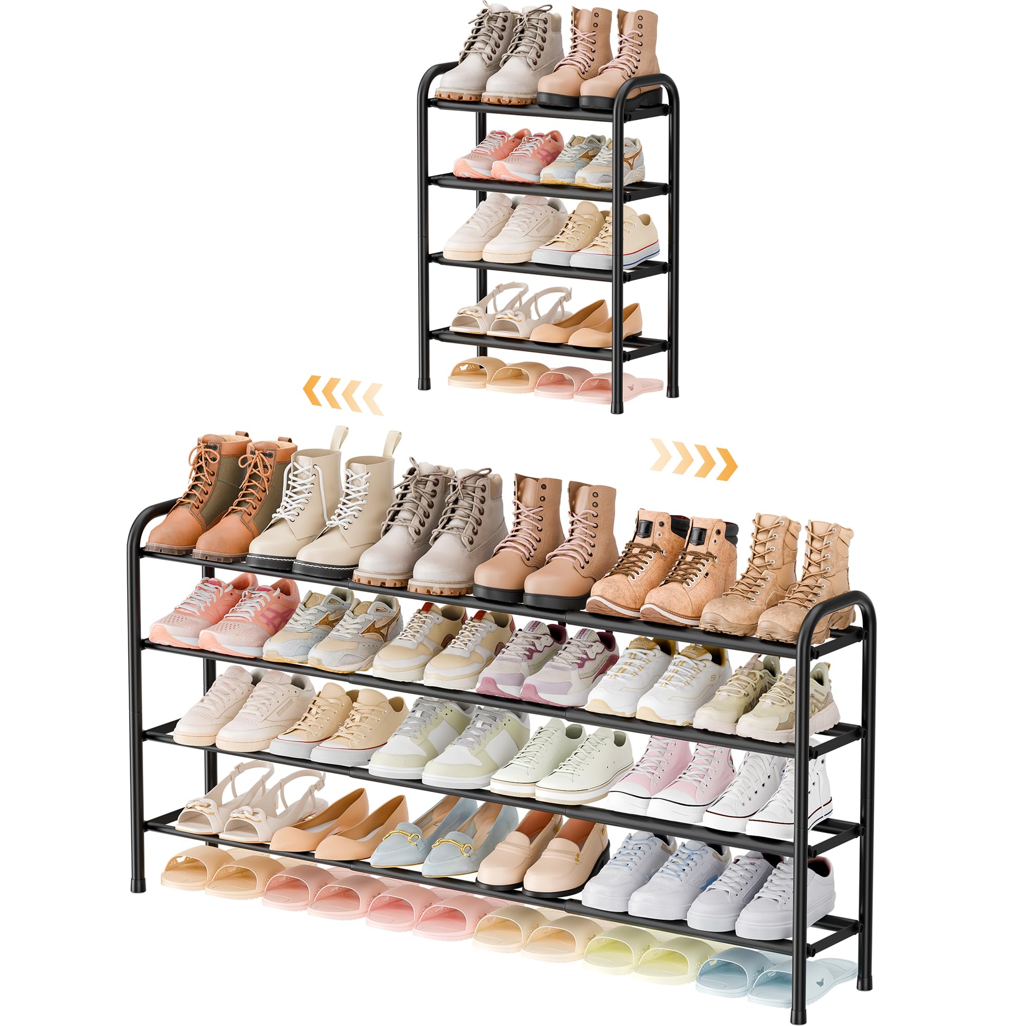 ENJOYBASICS Expandable Shoe Rack, 4 Levels, Adjustable Metal Shoe Storage, 45 to 118 cm, Black Shoe Rack, Space Saving for Hallway, Hallway