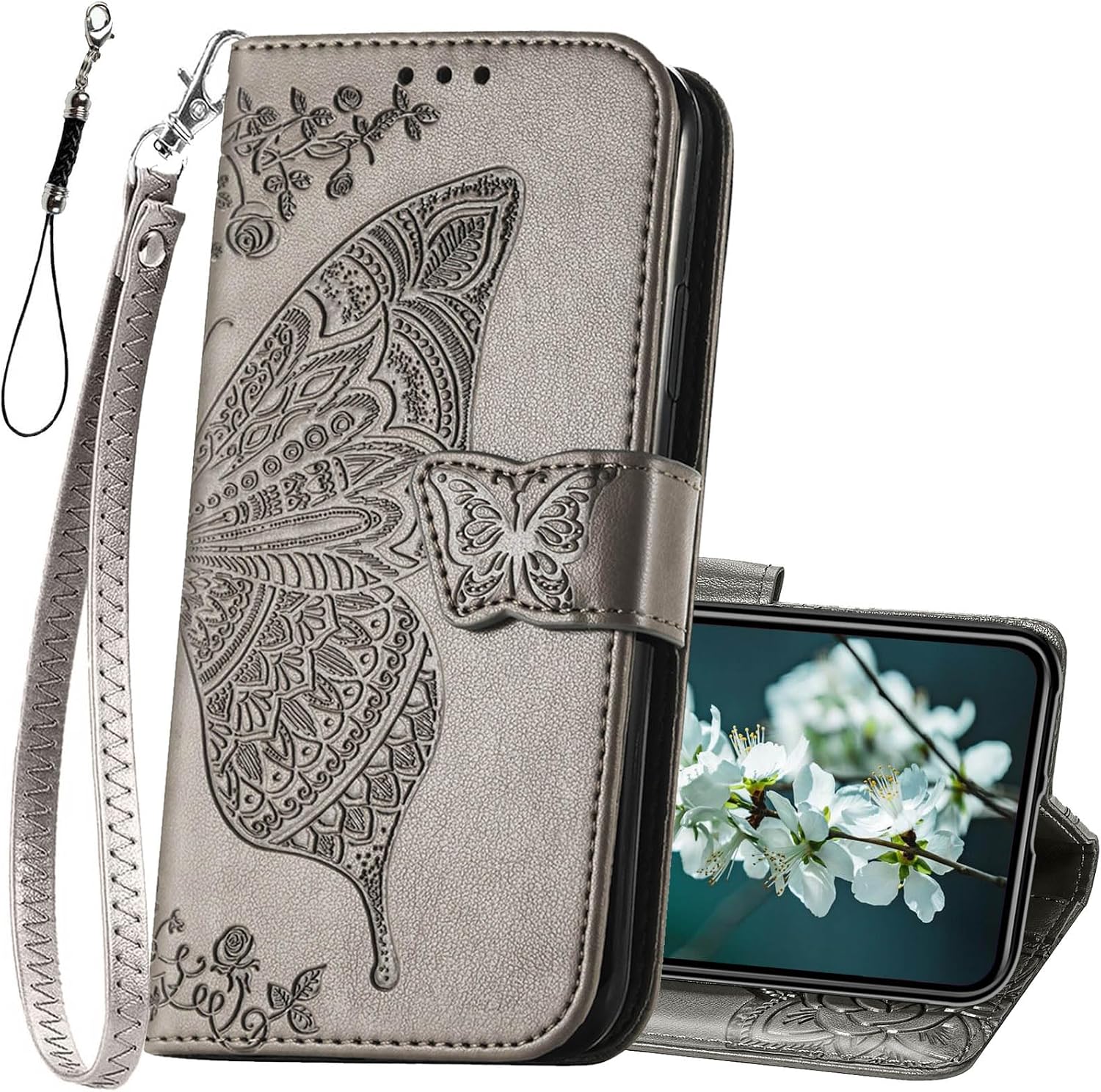 for iPhone 11 Wallet Case,Women Flip Folio Cover with Butterfly Embossed PU Leather Kickstand Credit Card Holder Slots Magnetic Wrist Strap for iPhone 11 6.1 inch (Purple)