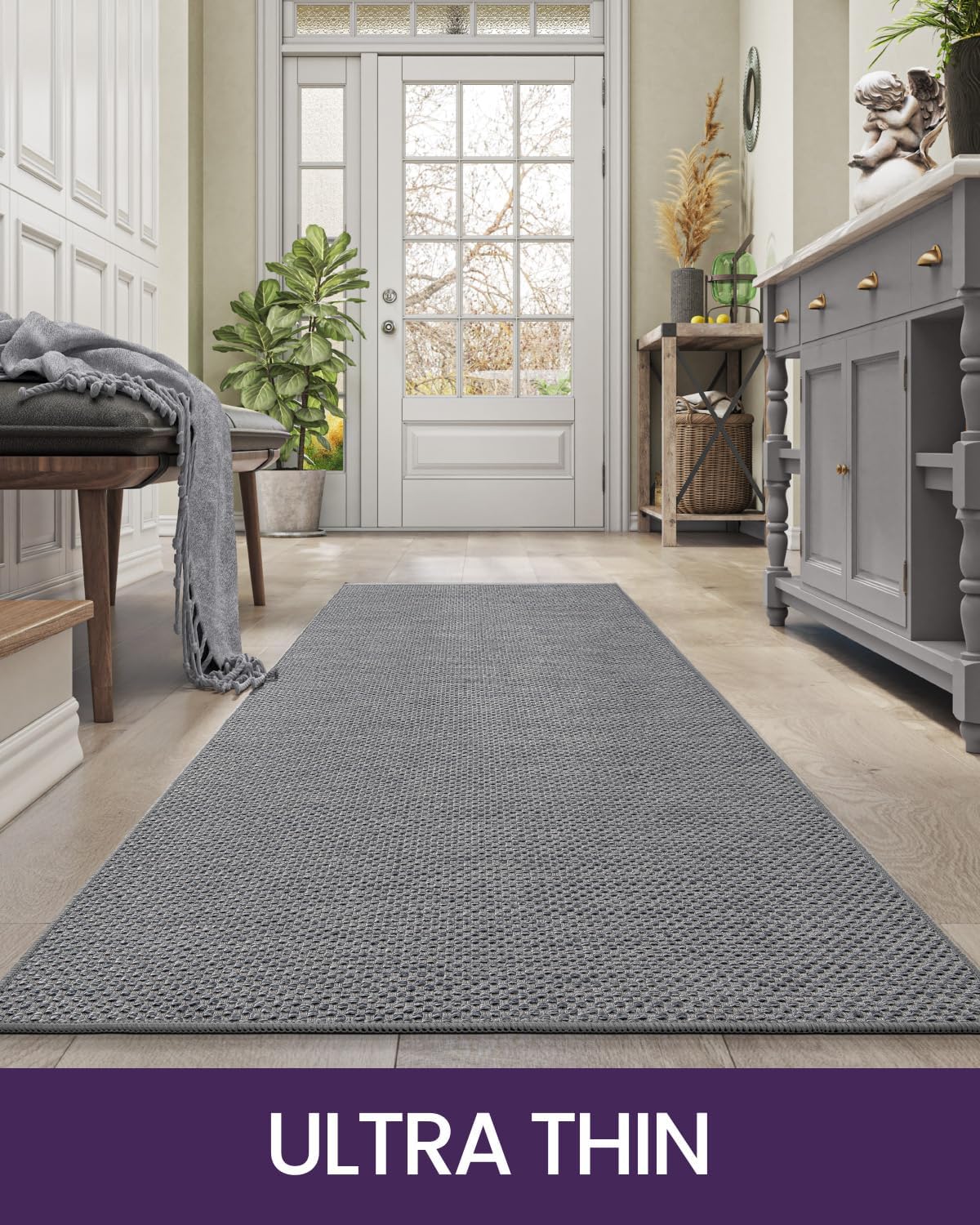 DEXI Hallway Runner Rug 2'4''x12', Non Slip Rubber Backed Runners Carpet, Ultra Thin Entryway Rugs Indoor for Kitchen Hallway Entrance Bedroom, Grey