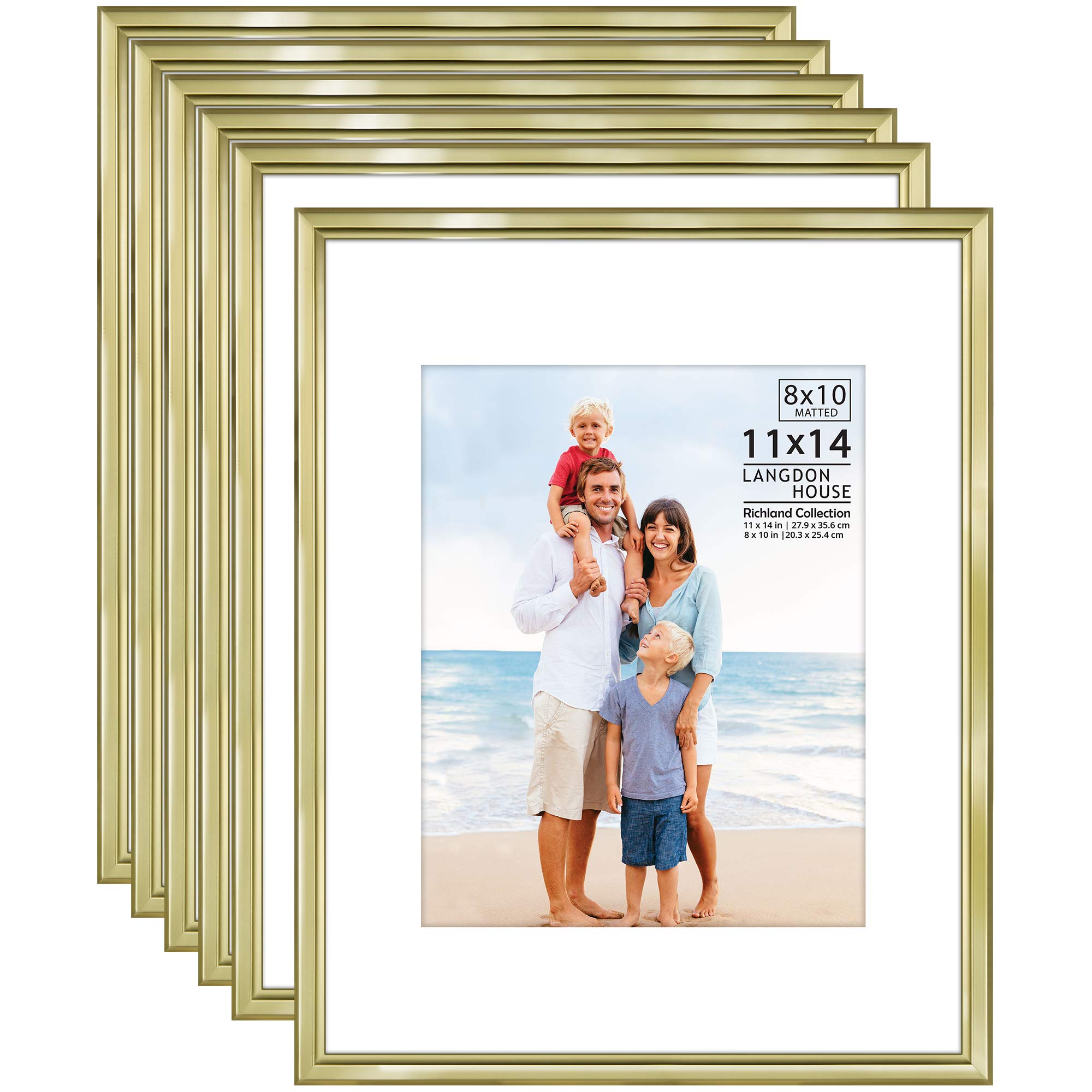 Langdon House 11x14 Picture Frames Set w/Mat for 8x10 Photo (Gold, 6 Pack), Distinguished Edging for Classic Style, Wall Mount Only, Richland Collection