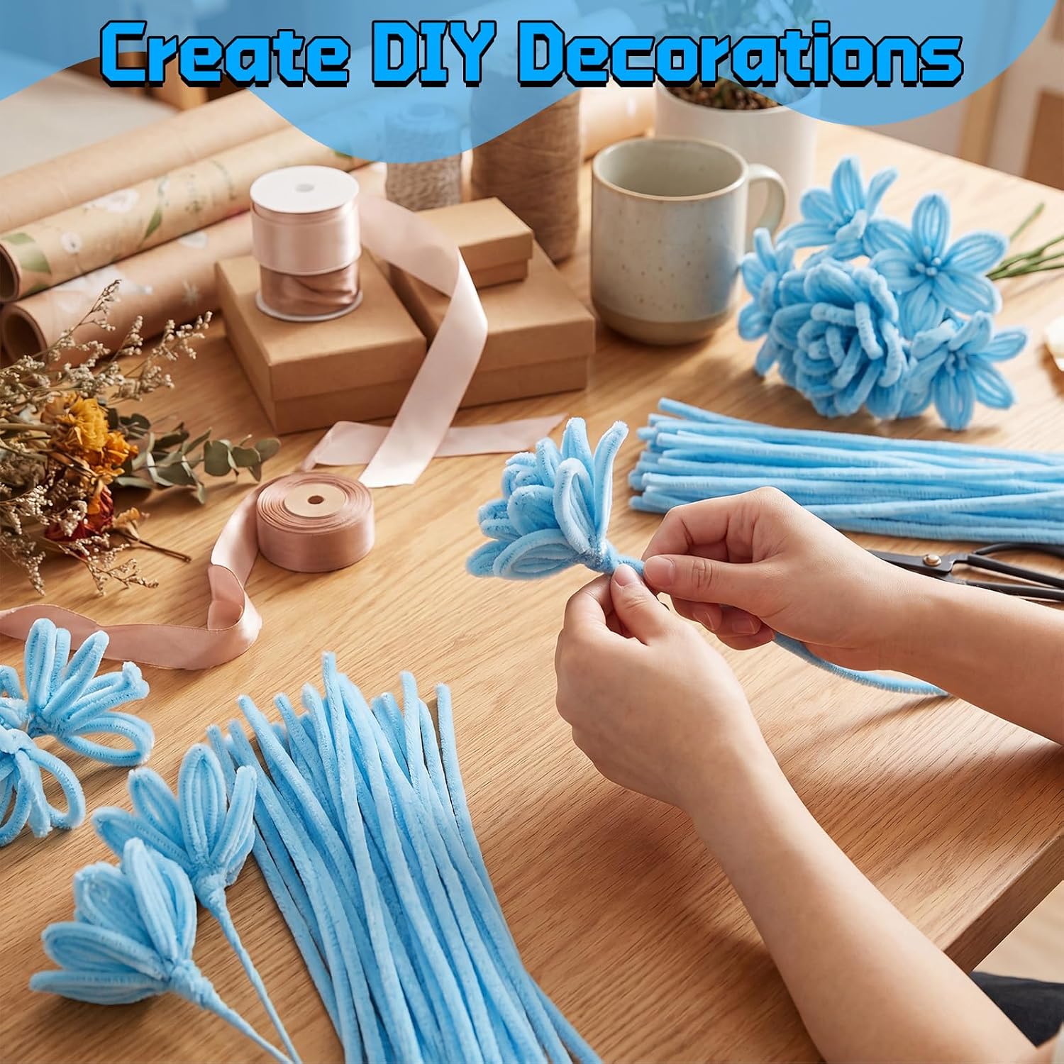 RoundFunny 400 Pcs 24 Inch Extra Long Pipe Cleaners Light Blue Chenille Stem Creative Pipe Cleaners Craft Supplies Fuzzy Sticks for Festivals Decorations Hair DIY Arts Handcraft Project image 4