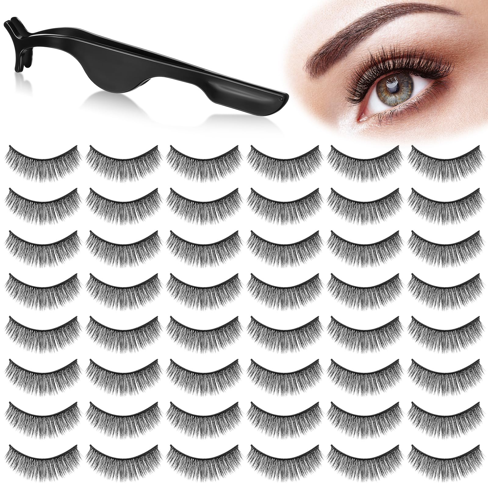 Nuogo 24 Pairs Reusable Self Adhesive Eyelashes No Glue Needed False Eyelashes Natural Look Easy to Apply Eye Lashes with Fake Eyelash Extension Applicator Tool (Thick Style,12 x 8 x 8 mm)