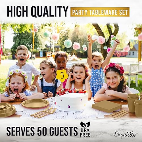 Miniatura 6 de El juego de vajilla de plástico de 350 piezas incluye 50 de cada plato de plástico dorado de 9 pulgadas, platos de postre de plástico de 7 pulgadas,