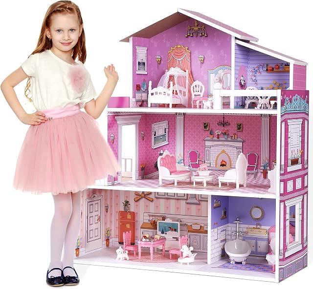 ROBUD Wooden Dollhouse with Furniture and Accessories Girls Playset Dolls Villa Dream Toy Set