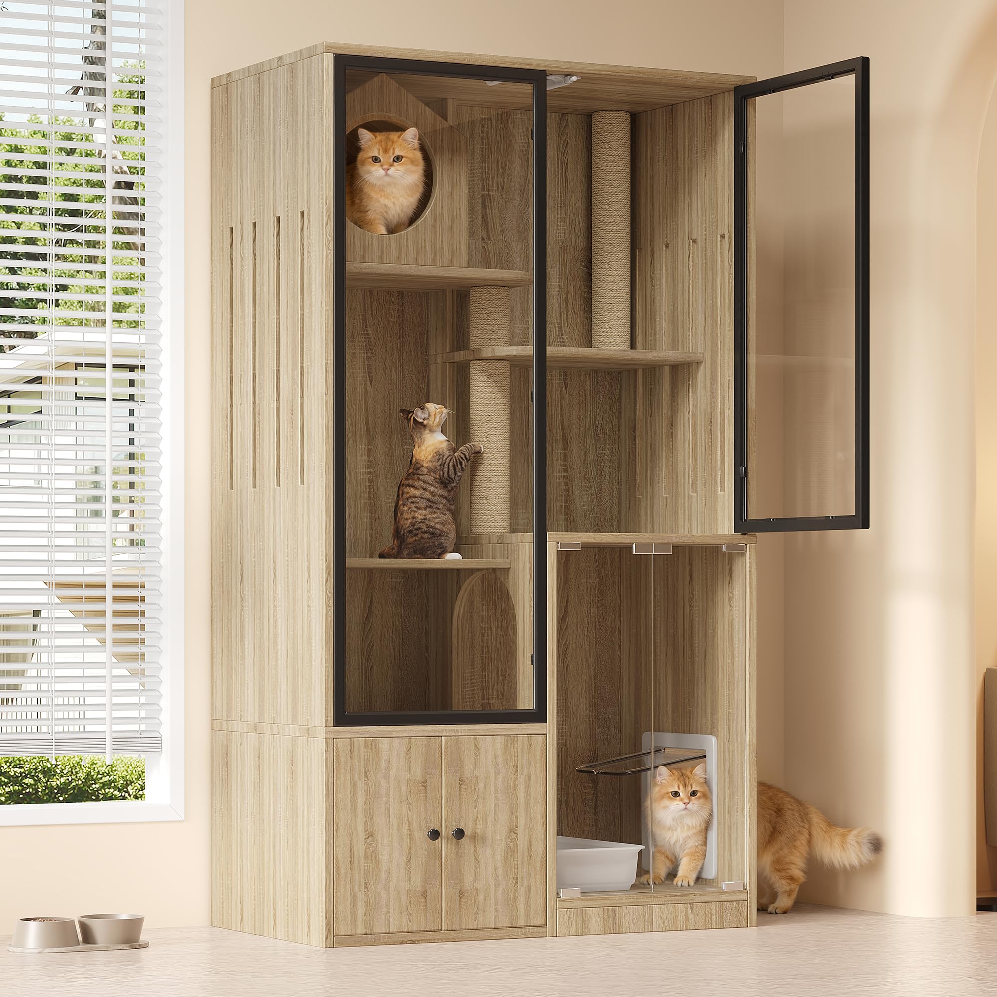 Jaula grande para gatos de 90 x 50 x 160 cm, 4 pisos con frontal de cristal, casa para gatos resistente al invierno y casa para animales pequeños, incluye postes rascadores, para interior y exterior