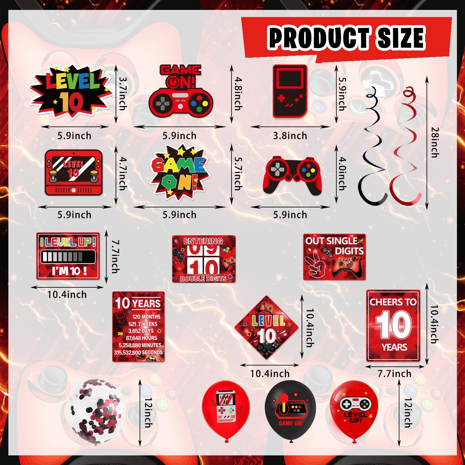 Level 10 Birthday Decorations, Red Video Game Gamer 10th Boy Bday Party Decor Decorations Supplies for 10th Boys - Backdrop, Banner, Balloons, Tablecloth, Hanging Swirls, Wall Signs, Hat