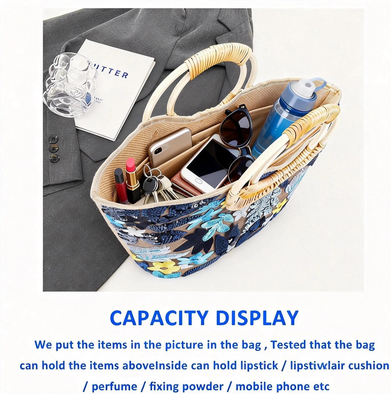 Tote Bag for Women, Beach Bag, Sequin Embroidery Straw Bag, Hand-Woven Rounded Bamboo Handle, Bohemian Handbag Large Capacity Shoulder Bag Suitable for Travel Daily(Black) - Image 5