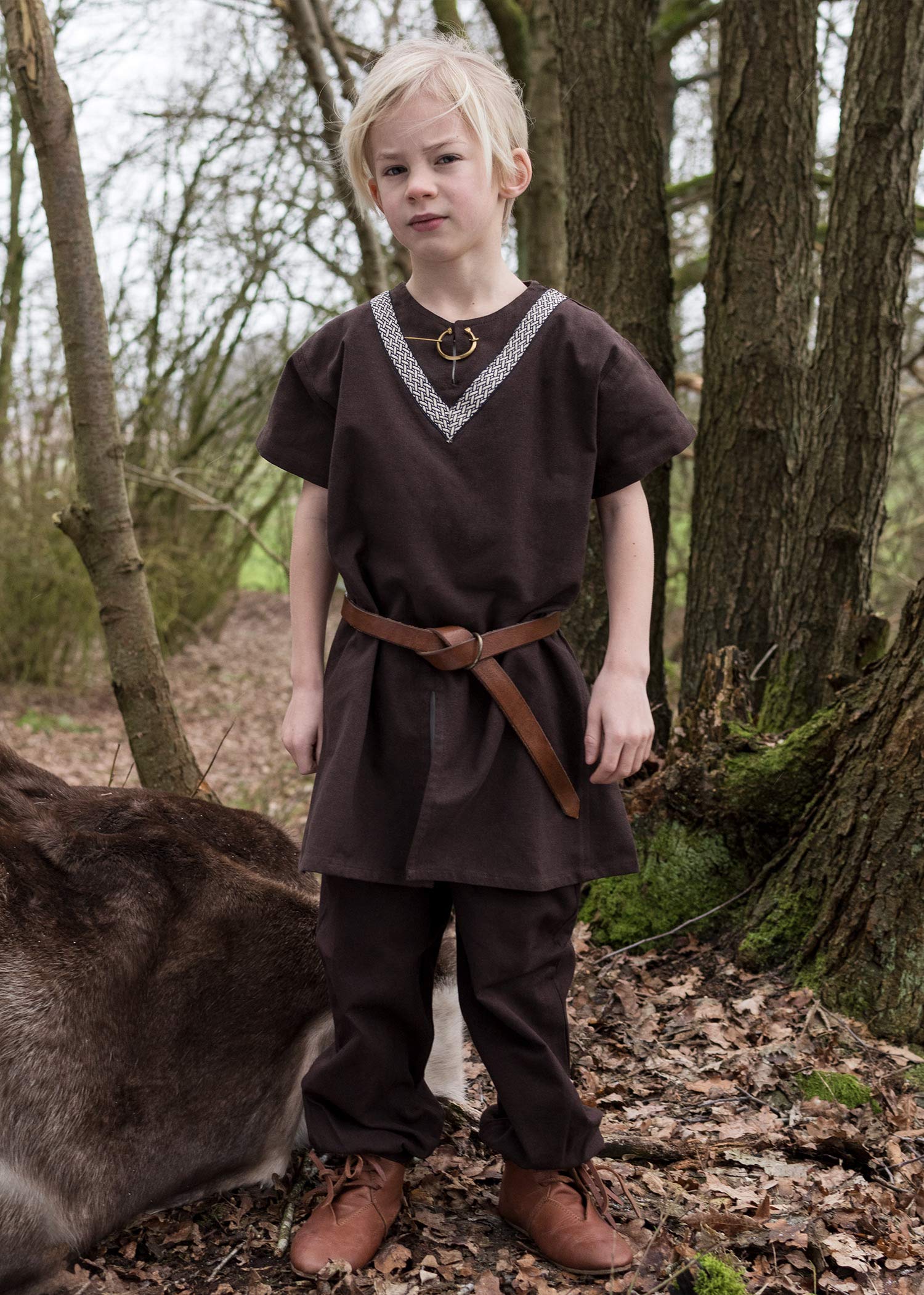 Battle-Merchant Dziecięca średniowieczna tunika Ailrik z bordiurą krótki rękaw | chłopcy dziewczynki (brązowy, 164)