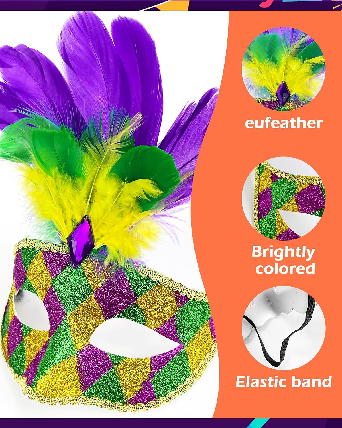 Wittocs Mardi Gras Mask with Feathers at Top - Women's Venetian Party Prom Masquerade Masks - Purple, Gold, Green - Medium (fits most face shapes) - Mystery - 1 Count