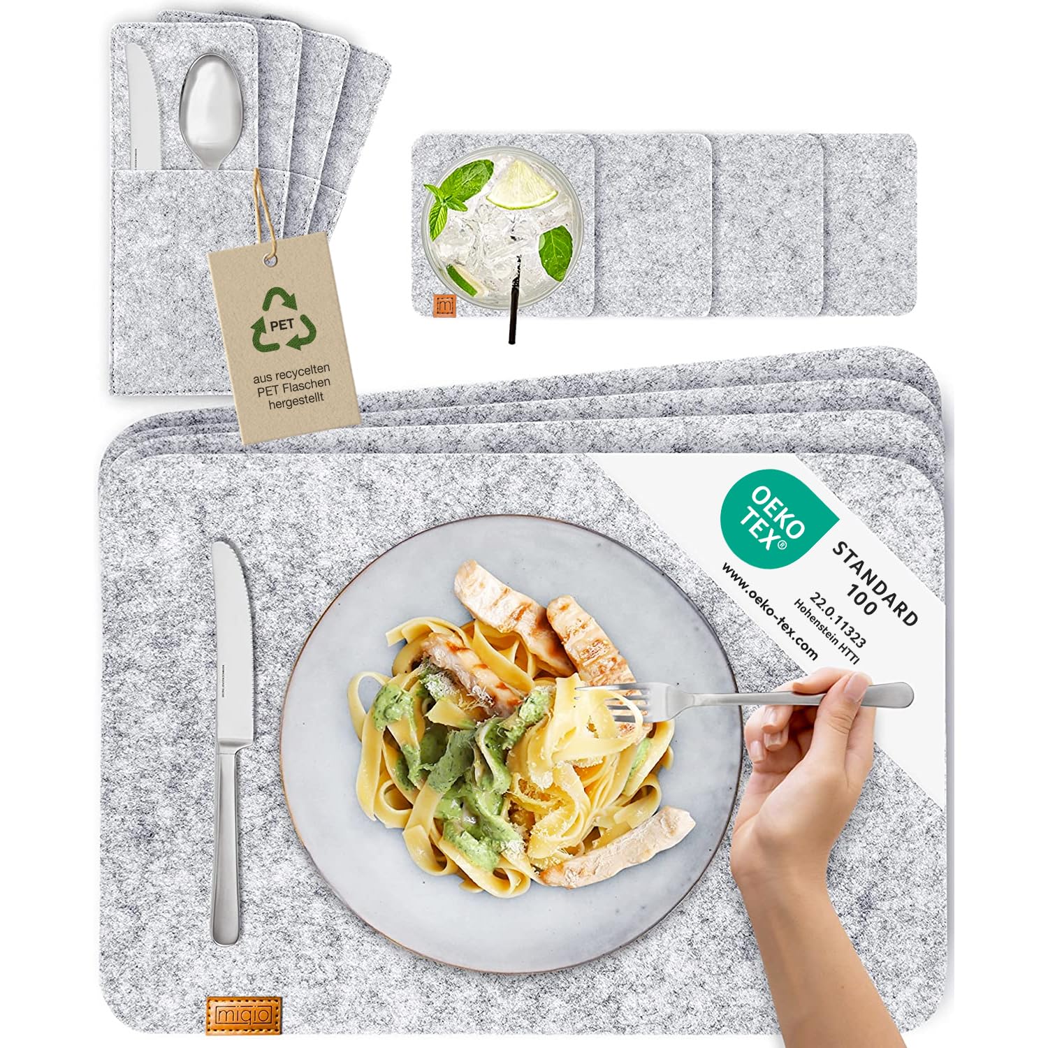 Miqio Light Grey / Rectangular Miqio® Scandi Style Felt Place Mats With Real Leather Label - Washable | Set Of 4 Felt Placemats 44X30 Cm, Cuttlery Bags, Glass Coasters | Table Mats For Easter Table Decoration | Light Grey
