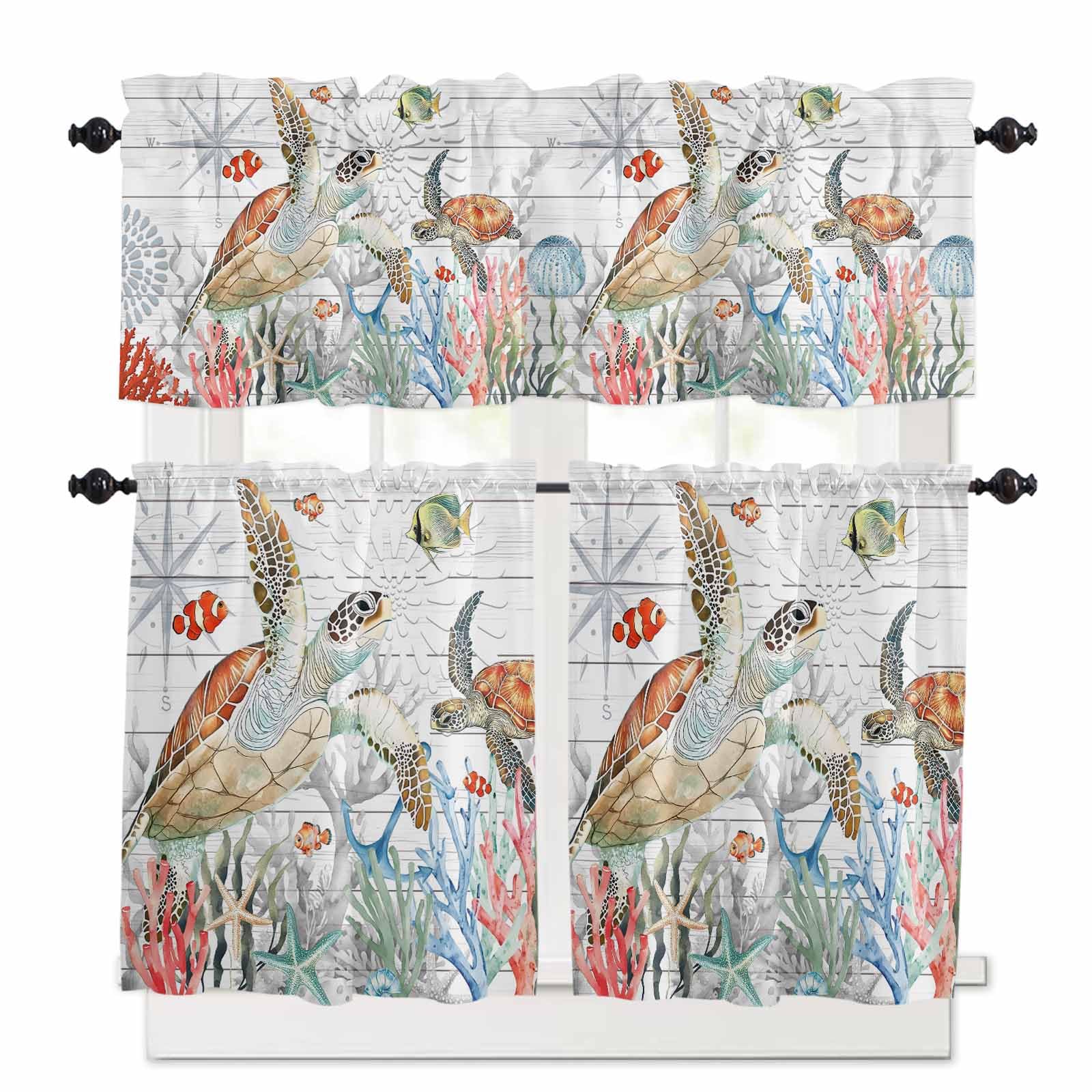 Brown Sea Turtle Coastal Kitchen Curtains 36 Inch Length,3 Piece Rod Pocket Small Half Tiers and Valance Set,Summer Beach Coral Starfish Wooden Small Large Window Treatment Decor for Bedroom/Bathroom
