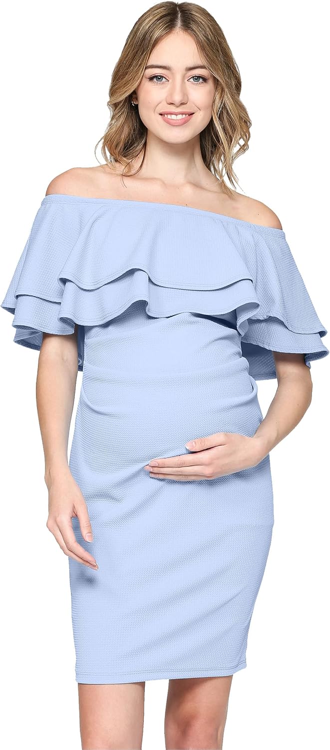LaClef Women's Off Shoulder Maternity Dress with Double Ruffle