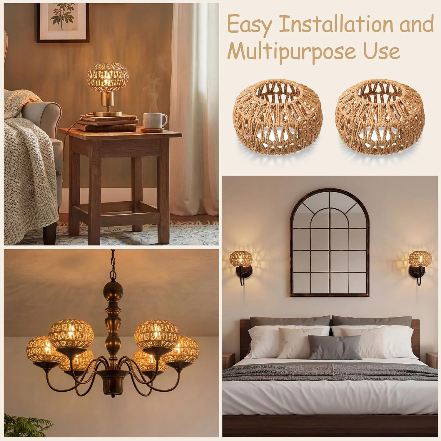 6 Pcs Small Rattan Lamp Shade Lantern Shape Boho Rattan Chandelier Shades Replacement Handwoven Hanging Light Shades for Table Floor Lamp Pendant Light Fixtures, 4.3" H x 6.7" D