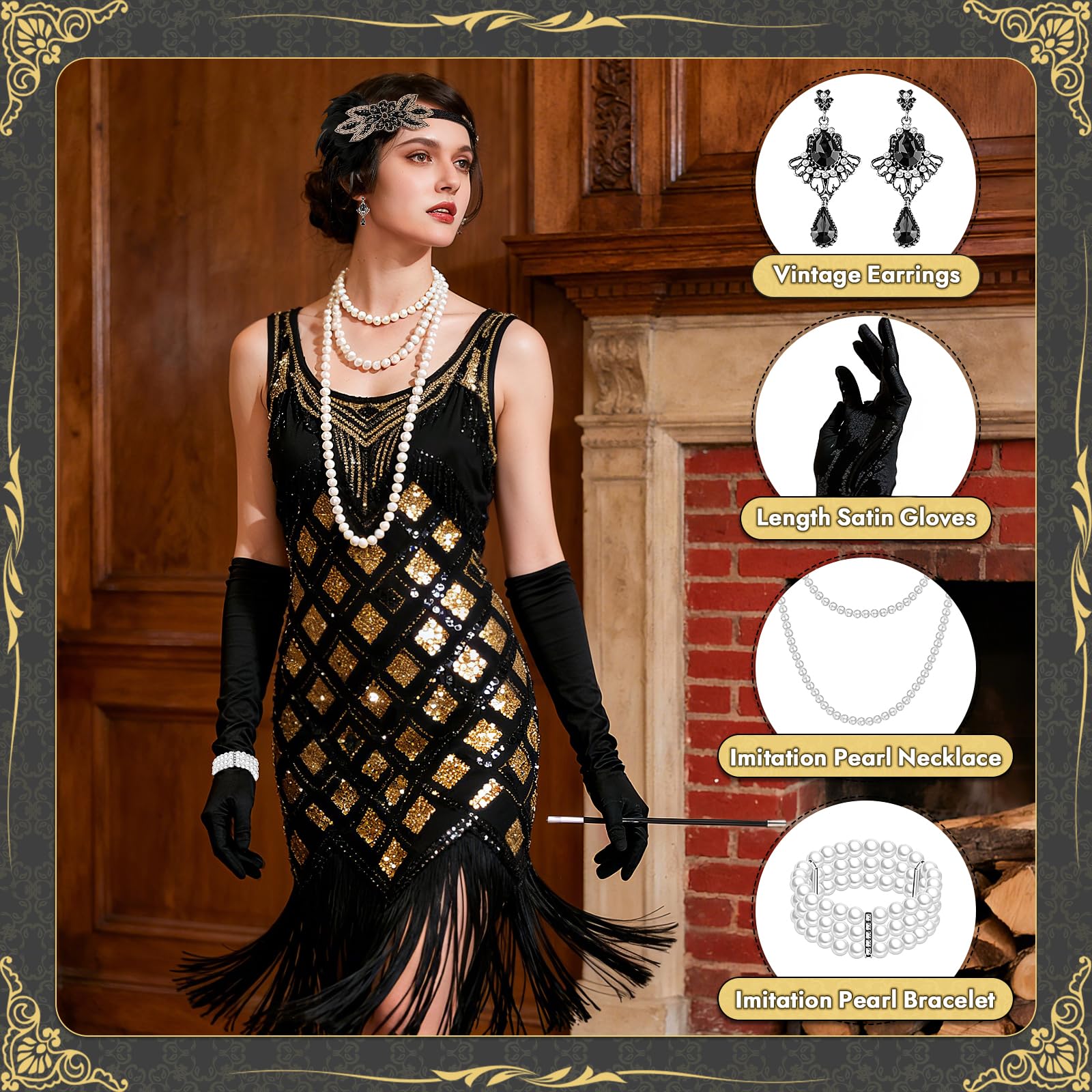 Jokureao 8PCS 1920s Accessories for Women Flapper Accessories with Gatsby hairband Long Black Gloves Pearl Necklace Bracelet Earrings and Handheld Prop Roaring 20s Fancy Dress Accessory Adult - Image 3