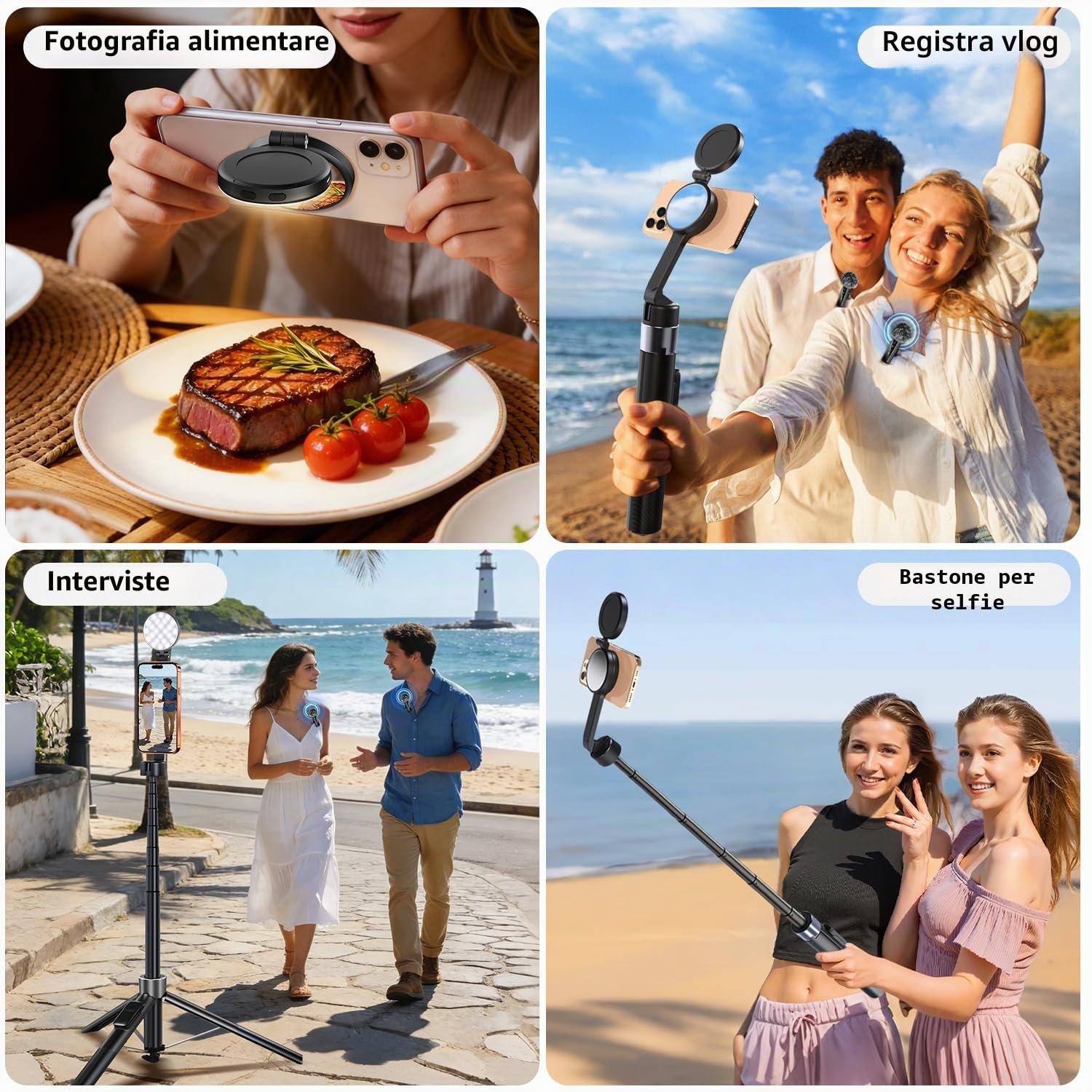yAyusi Kit vlogging magnetico 3 in 1 per iPhone/Android, kit di avvio per YouTube, treppiede magnetico/microfono/telecomando, selfie stick da 71" con luce per kit essenziale per creatori di contenuti