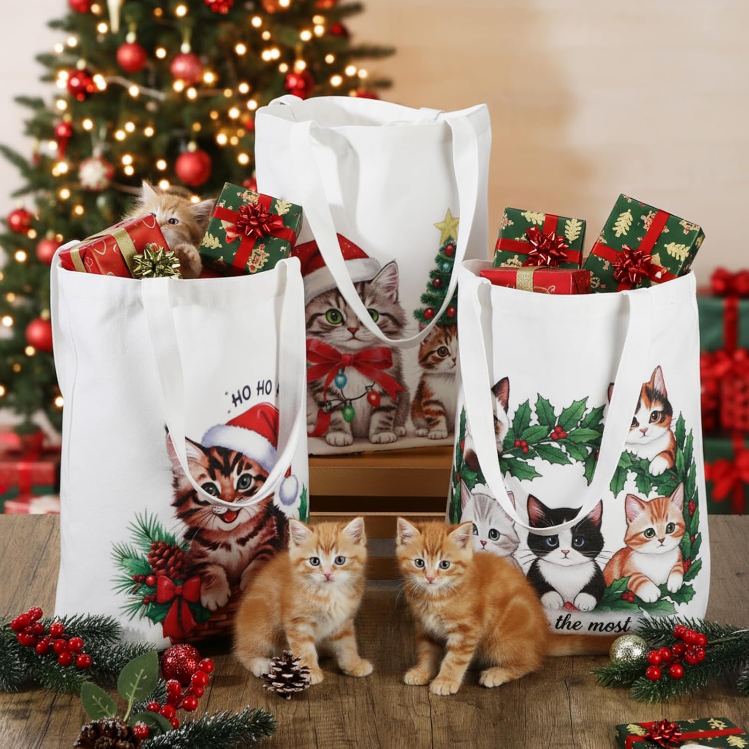 Sadnyy 12 Pack Christmas Tote Bags Xmas Reusable Gift Grocery Shopping Canvas Bag with Handle for Women Party Favor Supplies(Christmas Cat Style) - Image 6