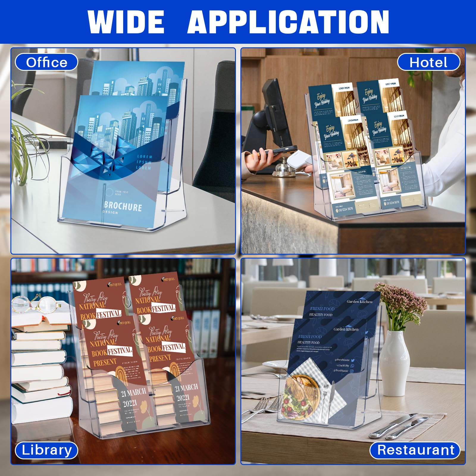 DASBET Lot de 2 supports de brochures A4 en acrylique à 2 niveaux pour bureau et support mural pour brochures A4 pour magazines, brochures, dépliants, littérature