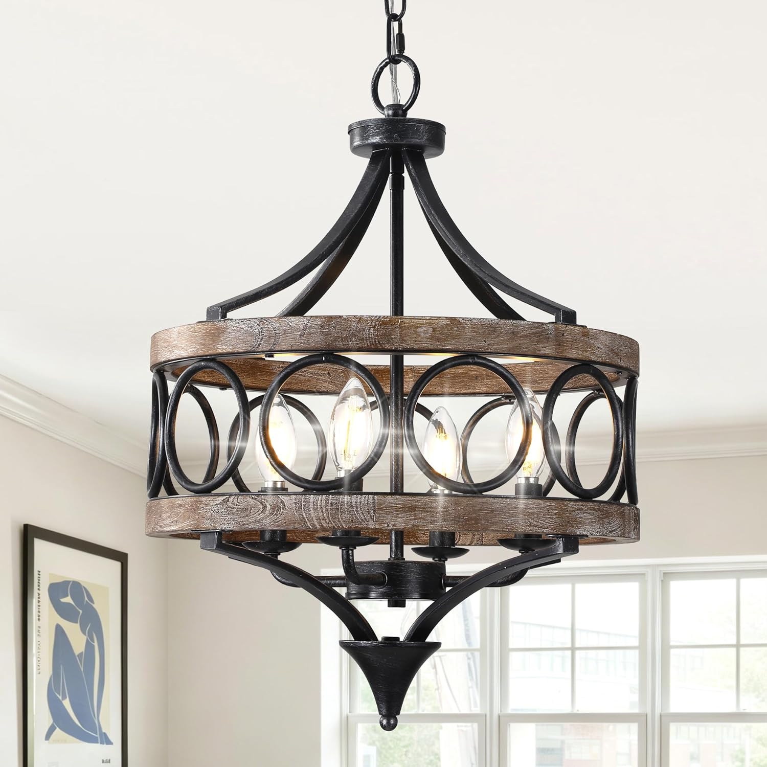 15.7" Farmhouse Chandelier for Dining Room 4-Lights Black Rustic Chandelier Over Table Industrial Drum Pendant Ceiling Light Fixtures, 70" Adjustable Height for Entryway Foyer Kitchen Island