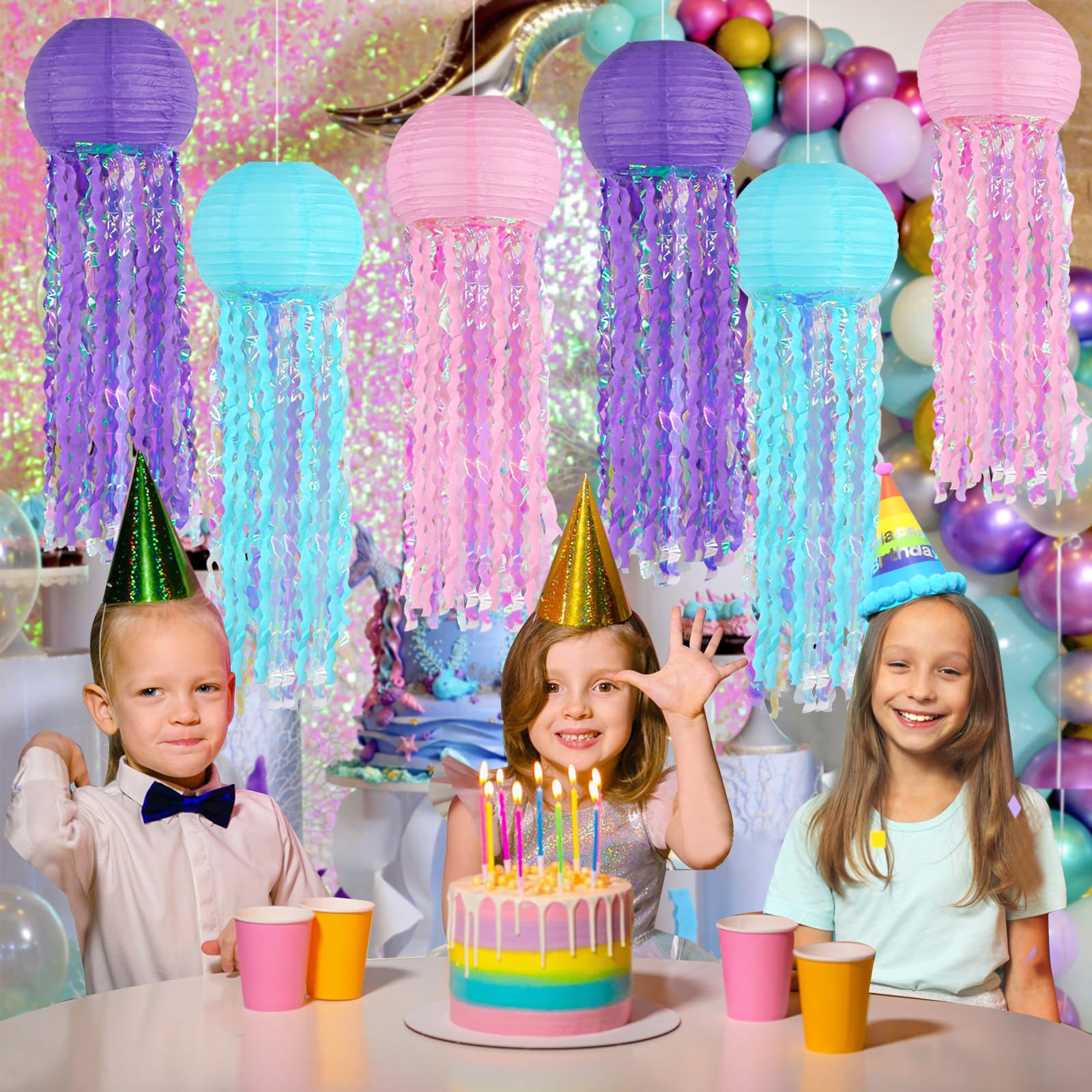 Jellyfish Paper Lanterns – Set Of 6 Pink Blue Purple Hanging Lanterns For Under The Sea Party, Mermaid, Ocean Theme, Birthday Decor, Easy Assembly - View #5