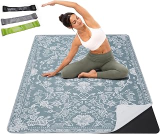 Gogokiwi Yoga Mat and Towel Set, 72 x 48 in, 1/2 in, Non Slip for Hot Yoga | Extra large, covers whole mat, 4 corner pockets, washable microfiber, rug-style print, hot yoga, home workout, home decor