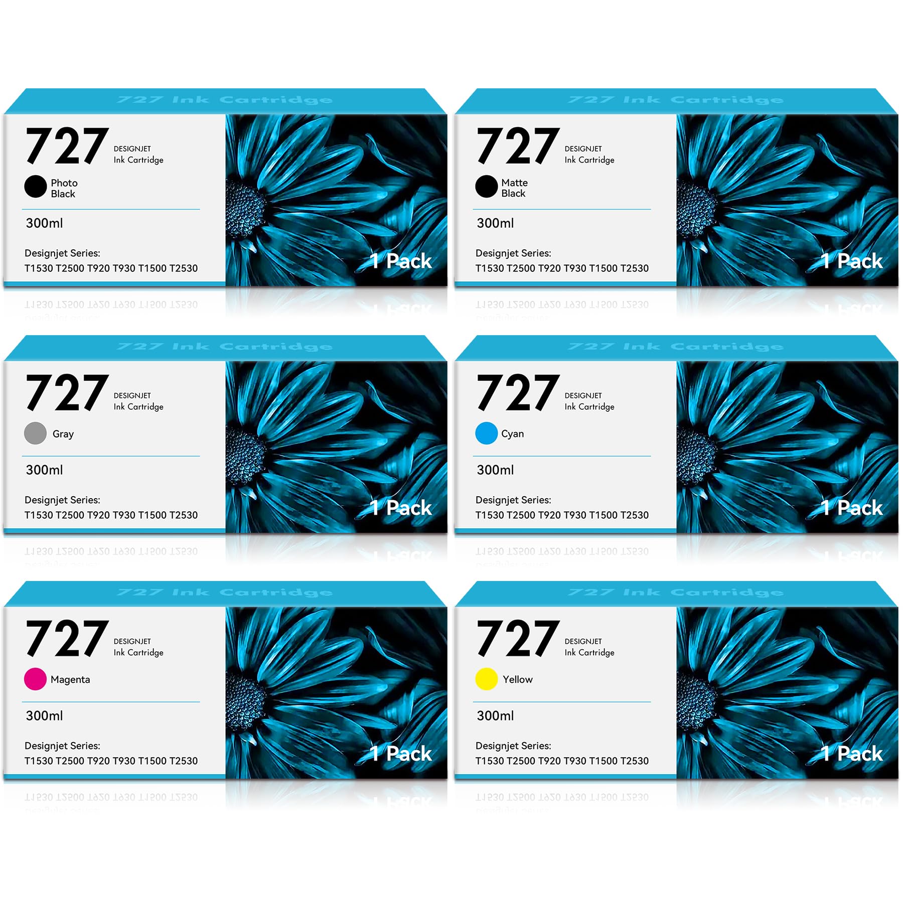 Photo 1 of 727 Ink Cartridges 300-ml (6-Pack, Photo Black/Matte Black/Gray/Cyan/Magenta/Yellow) Replacement for HP 727 Ink Work with DesignJet T1530 T2500 T920 T930 T1500 Printer