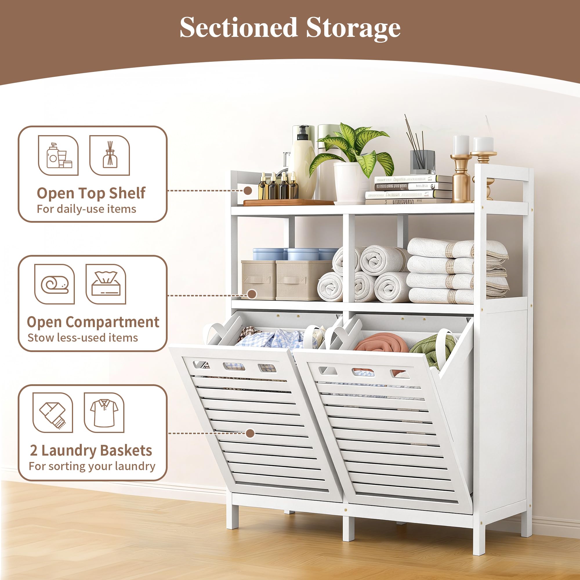 VASMIA Armario de Baño con Cesto de La Ropa, Bambú Mueble de Baño con Bolsas para La Ropa, con 2 Estantes, con Cestas de Lavandería Extraíbles (2*38 L), para Baño, Dormitorio, Cuarto de Lavado, Blanco