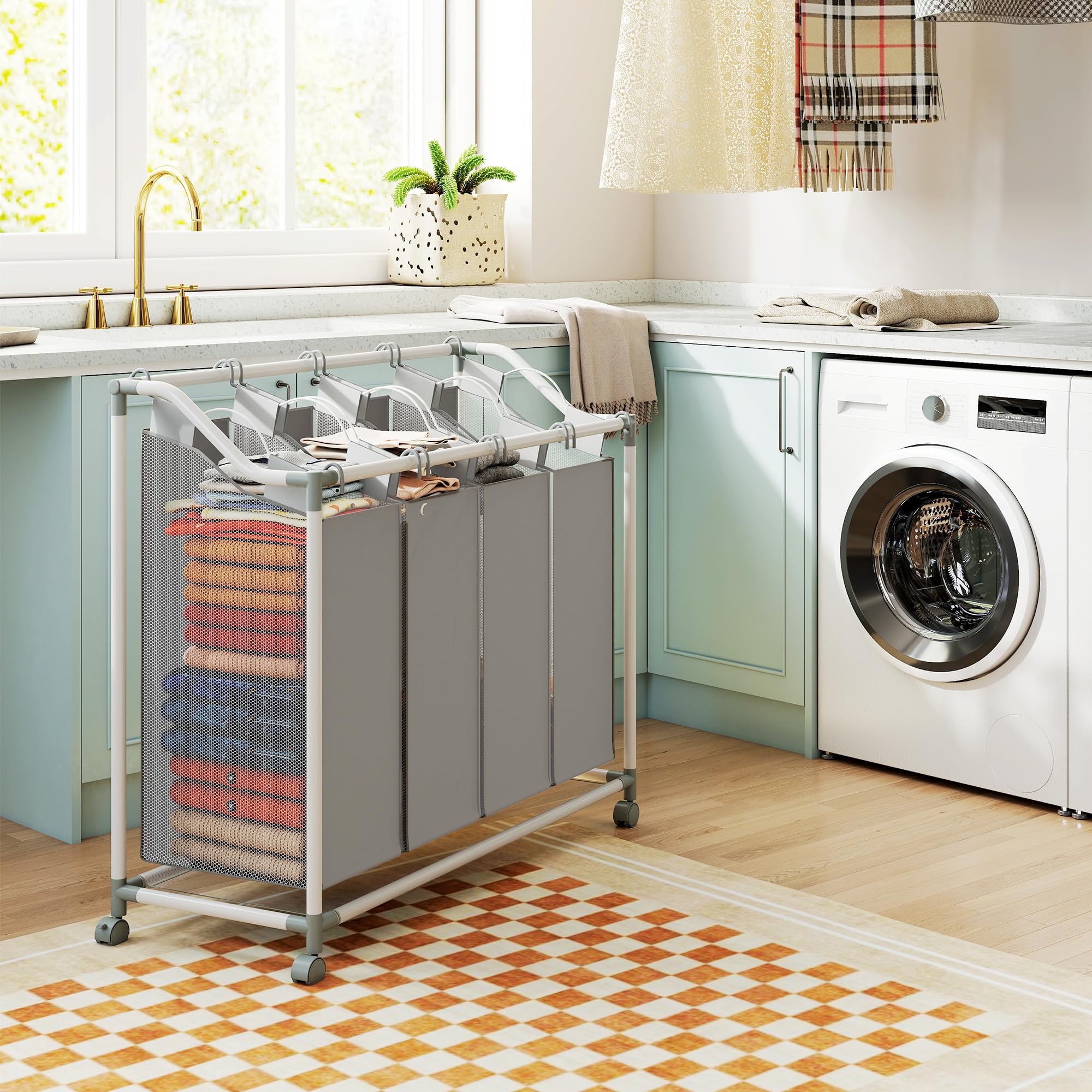 HOMCOM Panier à Linge Mobile 4 Compartiments 4 x 40L Gris | Corbeille à Roulettes, 4 Sacs Amovibles, Chariot Linge Sale, Buanderie, Chambre, Salle de Bain