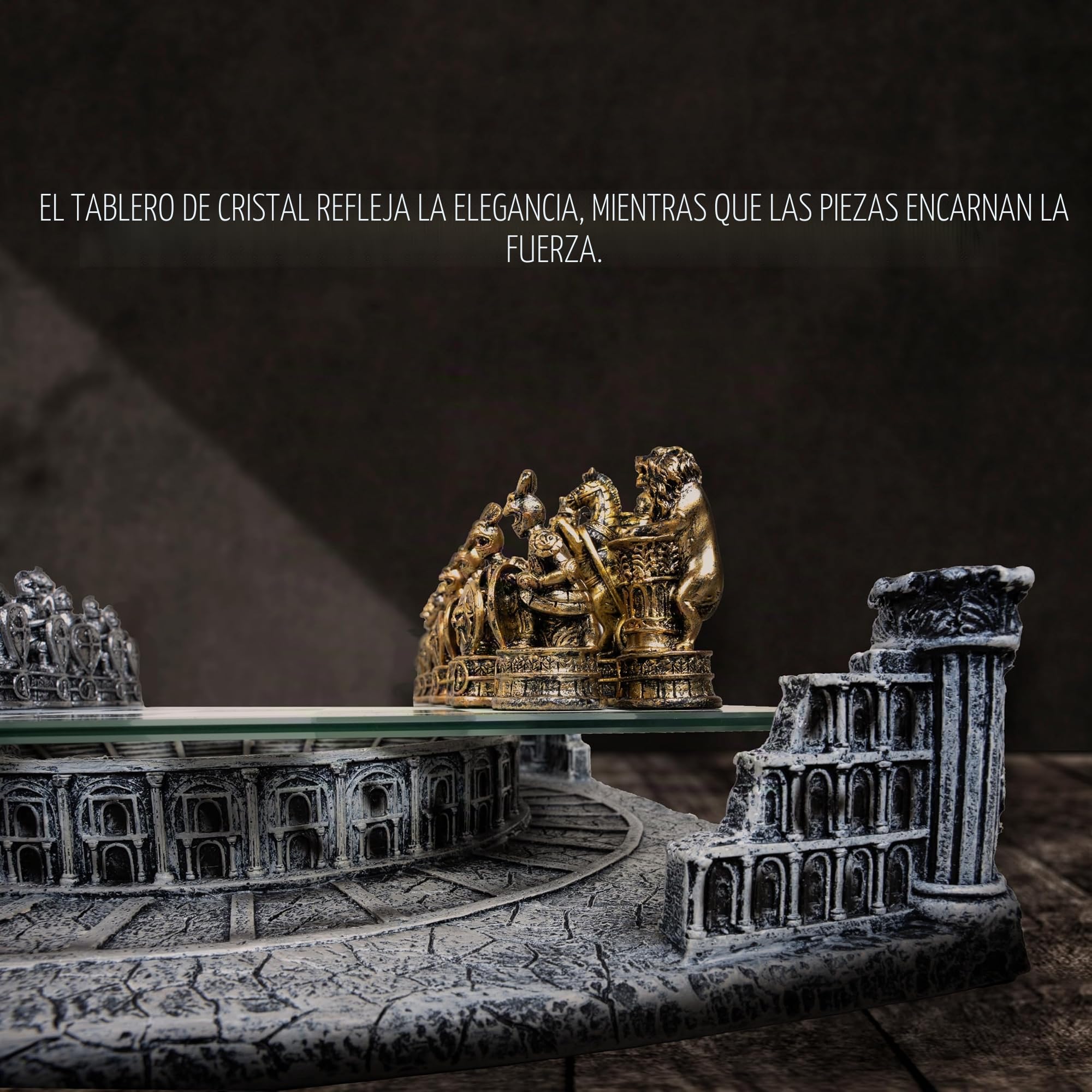 Tablero Ajedrez Profesional Antigua Roma 40x40cm Base de Cerámica | Superficie de Vidrio y Piezas en Resina Oro y Plata - Juego de Mesa Coliseo e Imperio Romano - Idea de Regalo Hombre y Mujer