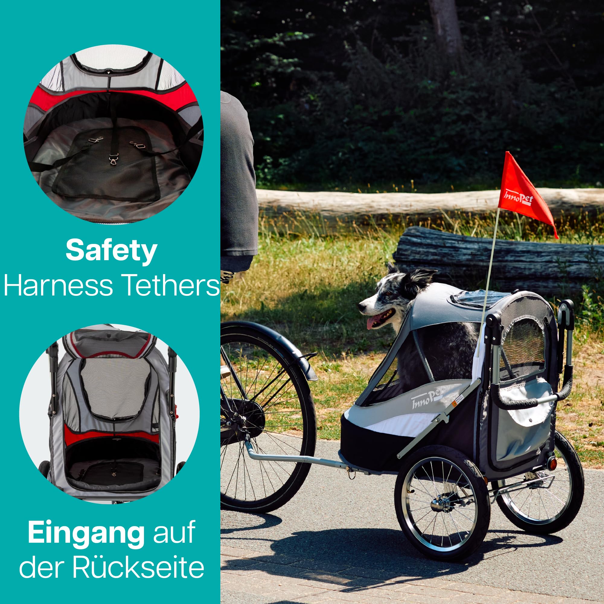 Hundebuggy & Fahrradanhänger für Hunde - Innopet Sporty Dog Trailer Deluxe Hundeanhänger für Fahrrad - Rot/Weiß - zusammenklappbar - mit Regenschutz - Luftreifen - Fahrradkit inklusive